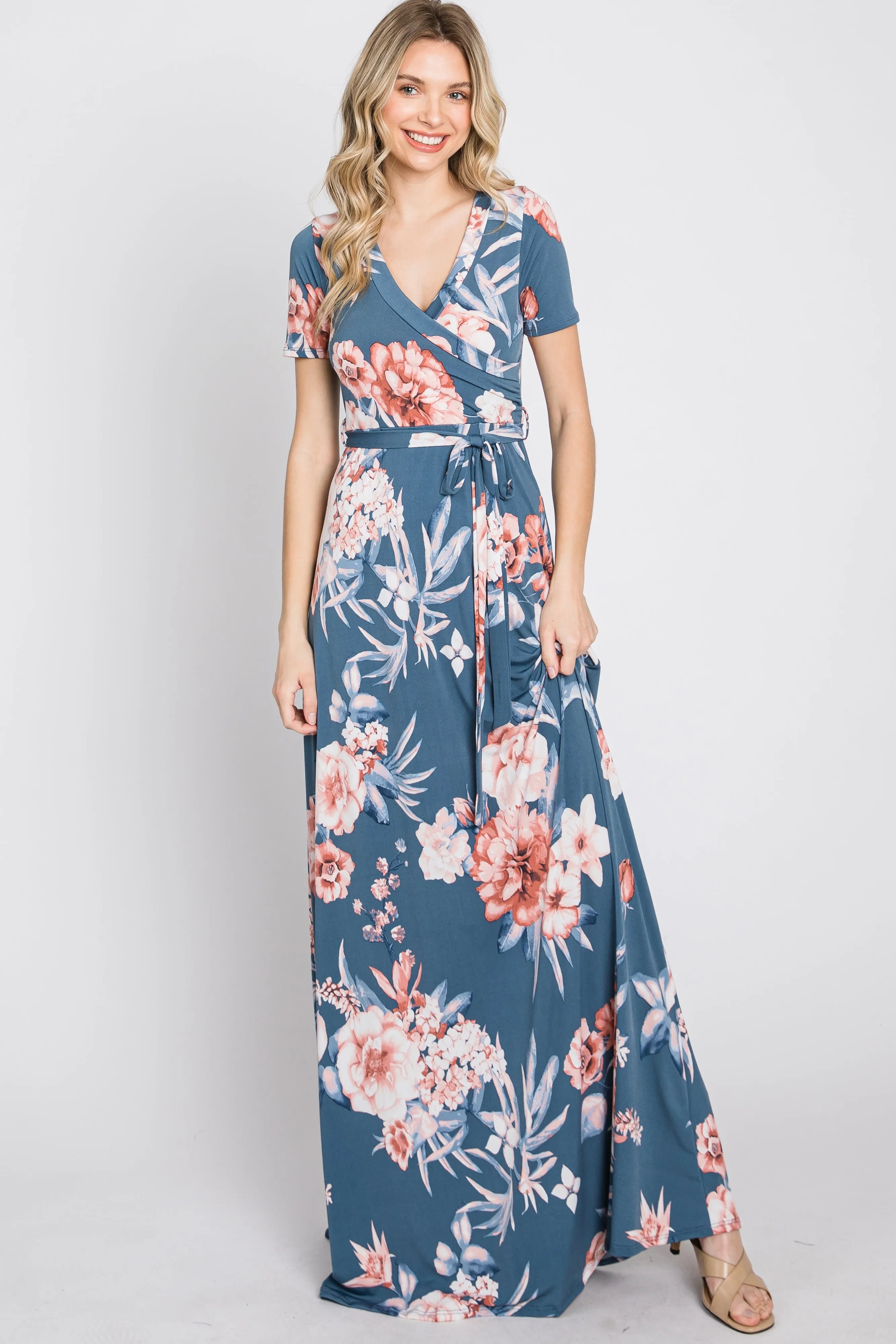 Blue Floral Wrap Nursing Maxi Dress sold by Pinkblush product image thumbnail 2