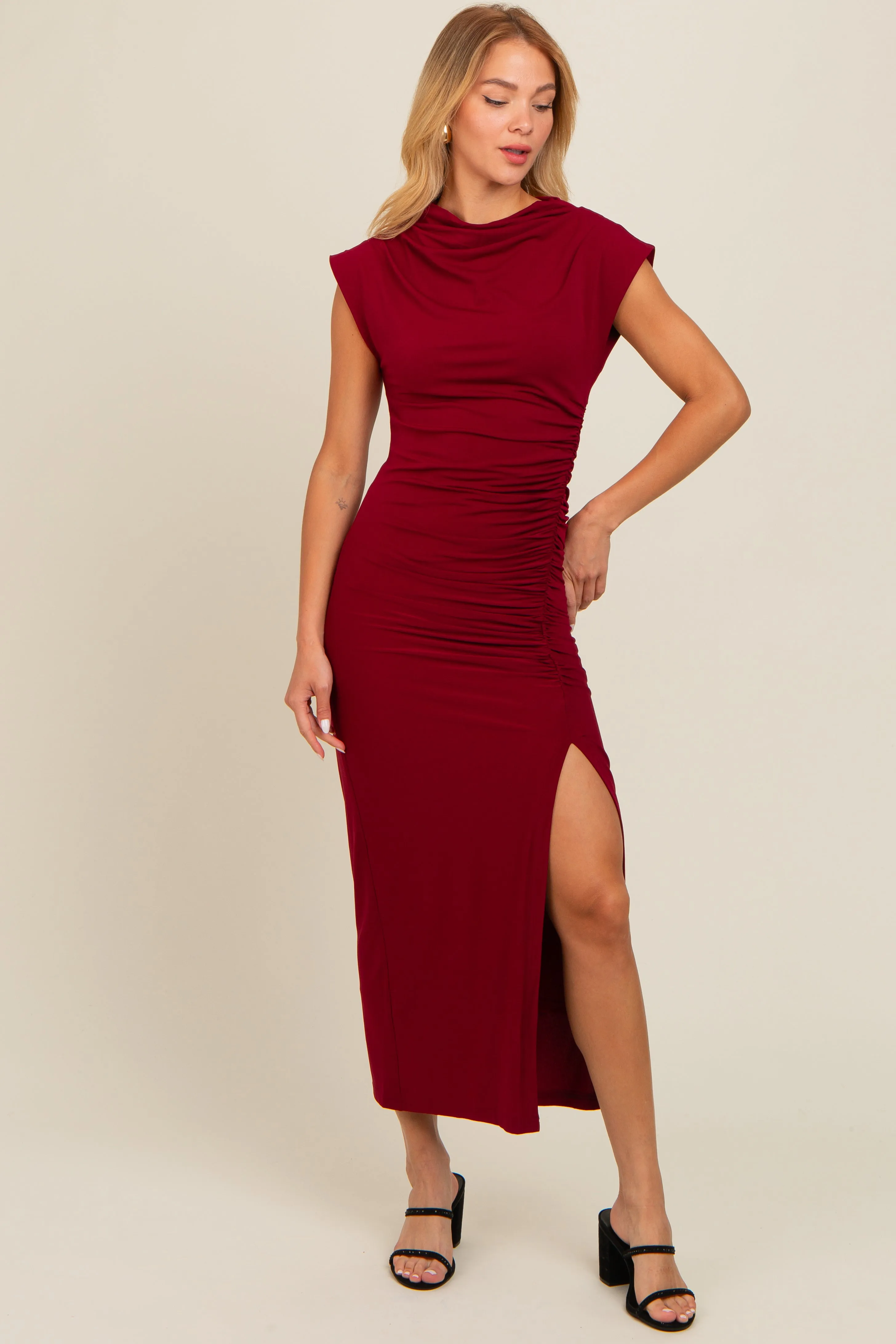 Burgundy Ruched Mock Neck Maternity Slit Midi Dress sold by Pinkblush product image thumbnail 4