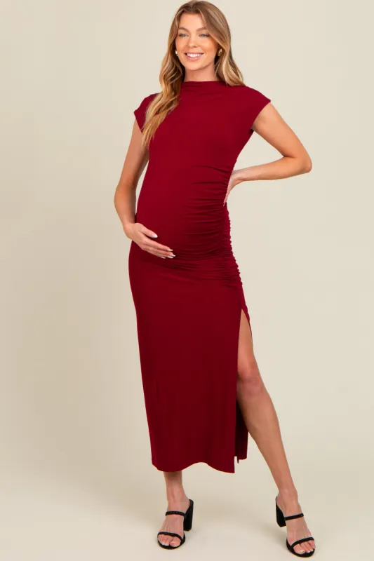 Burgundy Ruched Mock Neck Maternity Slit Midi Dress sold by Pinkblush
