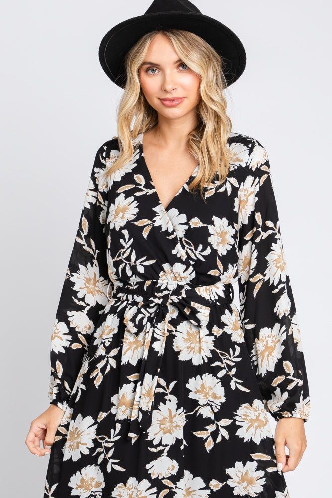 Black Floral Wrap Front Waist Tie Midi Dress sold by Pinkblush product image thumbnail 5