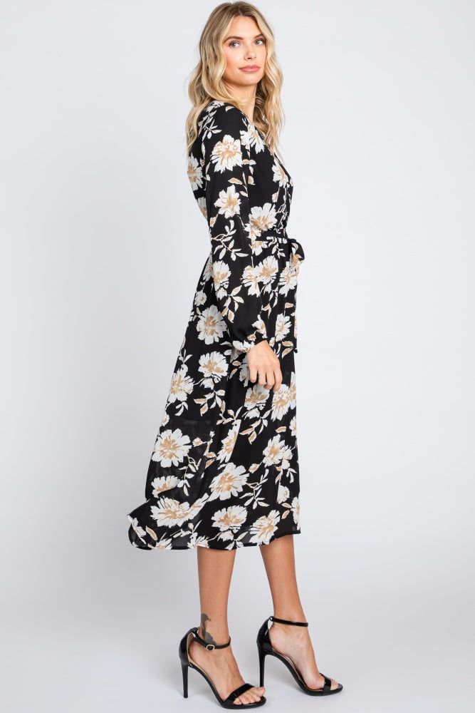 Black Floral Wrap Front Waist Tie Midi Dress sold by Pinkblush product image thumbnail 2