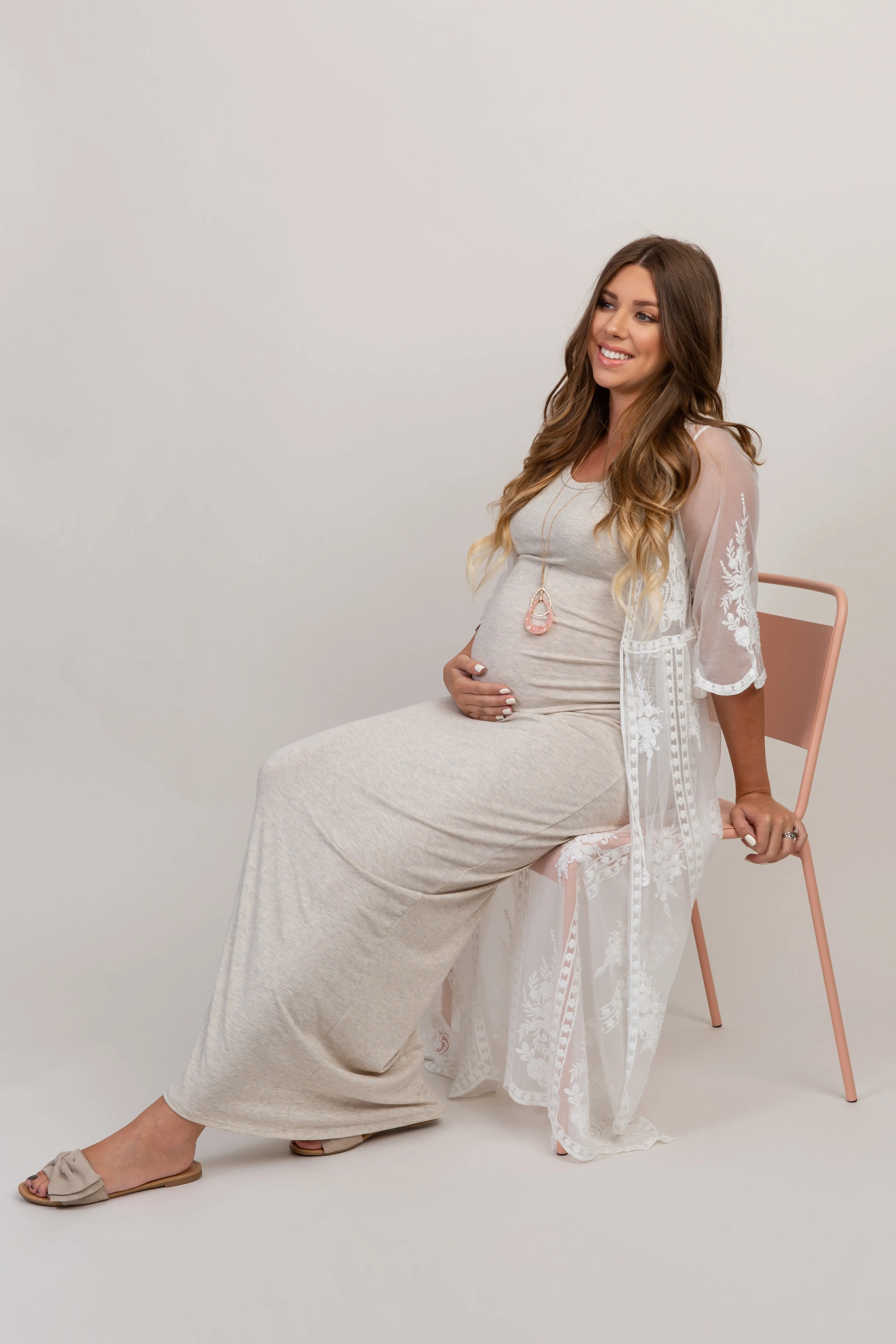 PinkBlush Heather Beige Ruched Sleeveless Maternity Maxi Dress sold by Pinkblush product image thumbnail 4