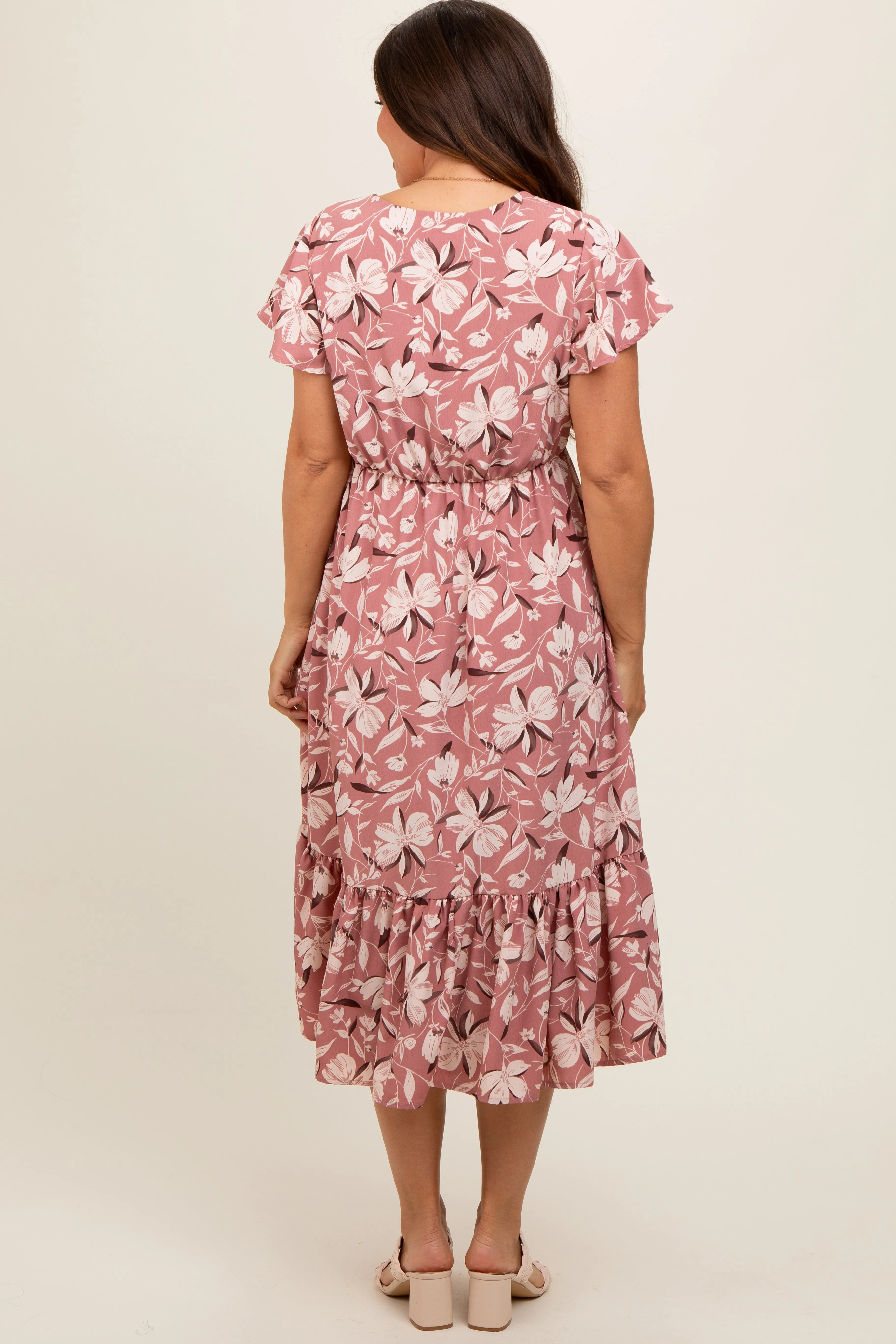Mauve Floral Flutter Sleeve Maternity Midi Dress sold by Pinkblush product image thumbnail 4
