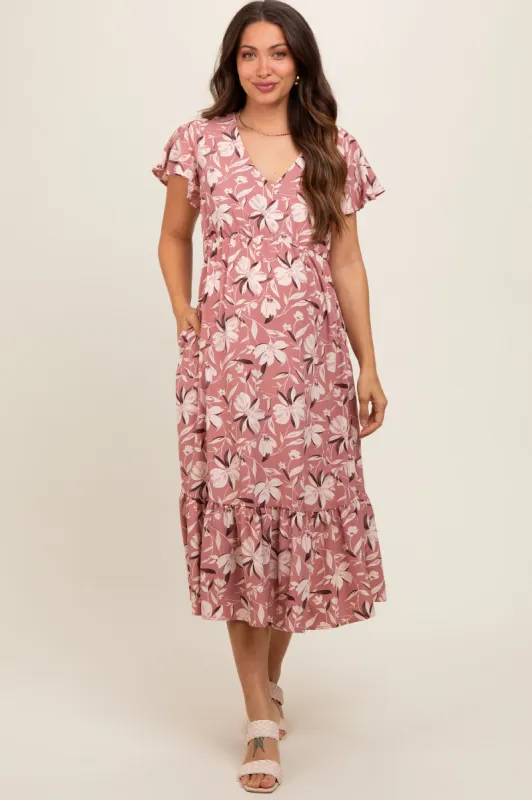 Mauve Floral Flutter Sleeve Maternity Midi Dress sold by Pinkblush