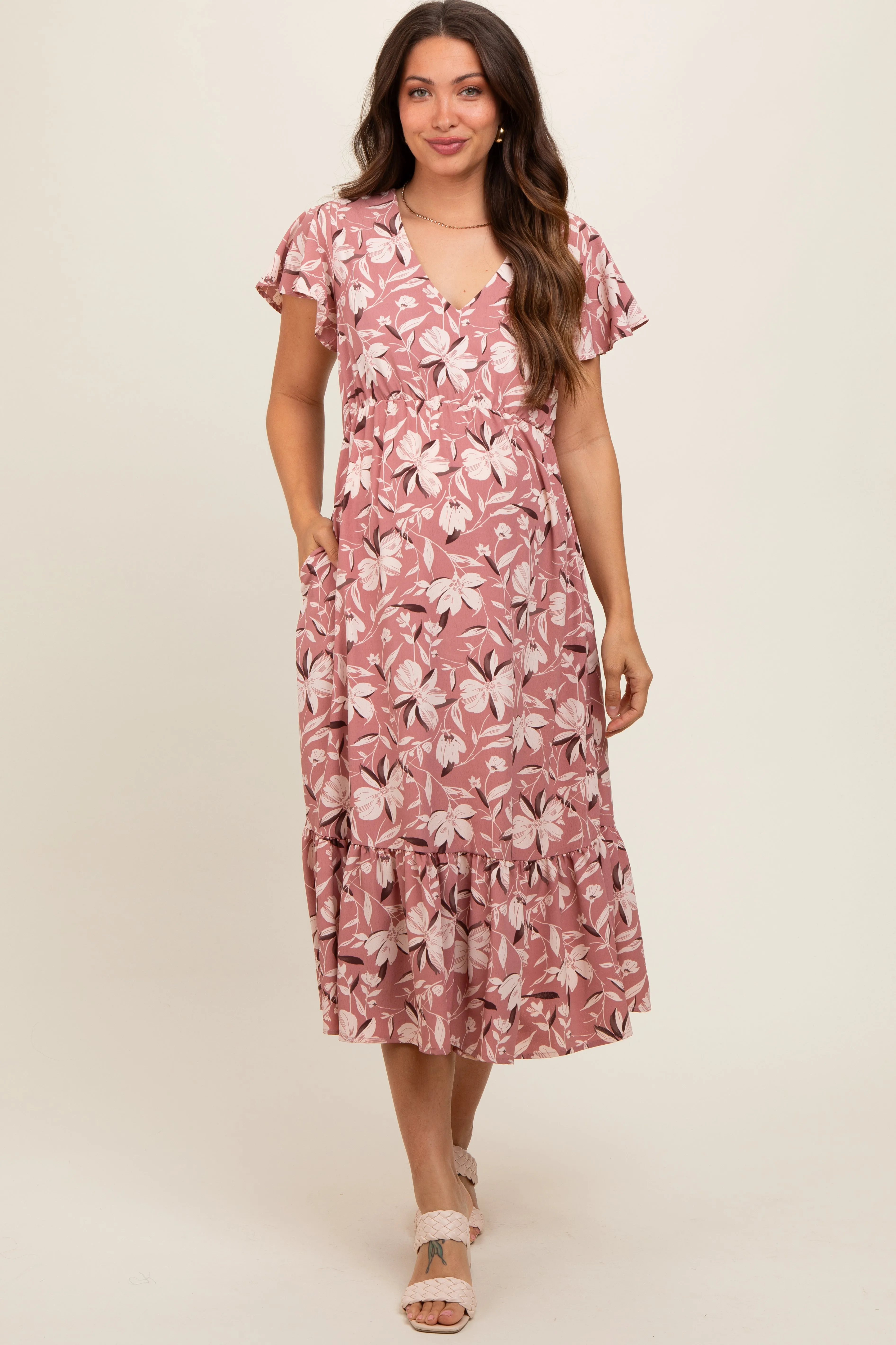Mauve Floral Flutter Sleeve Maternity Midi Dress sold by Pinkblush