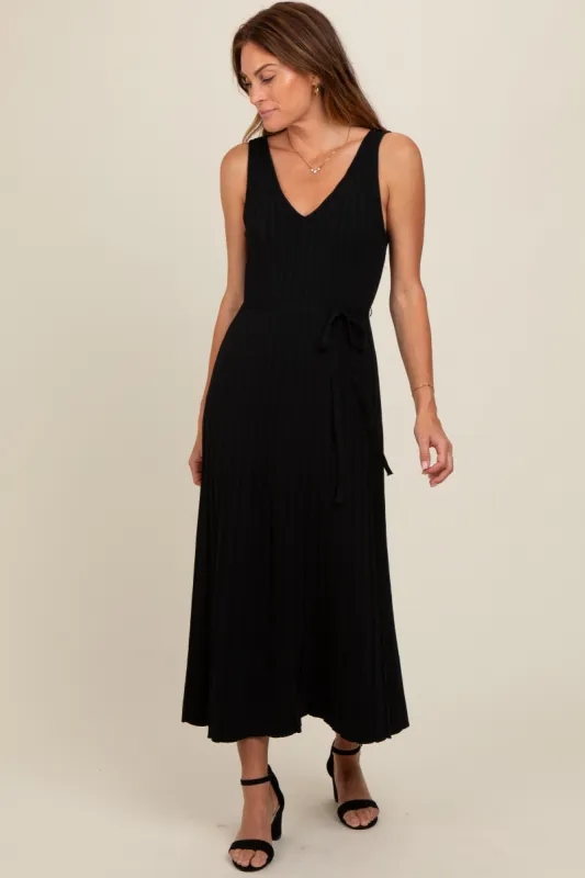 Black Pleated V-Neck Waist Tie Sweater Maxi Dress sold by Pinkblush