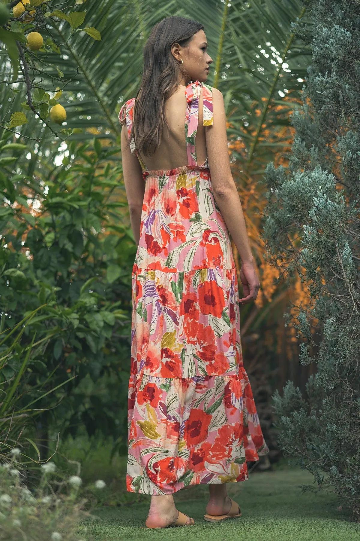 Coral Multi Printed Design Shoulder Tie Maxi Dress sold by Pinkblush product image thumbnail 4