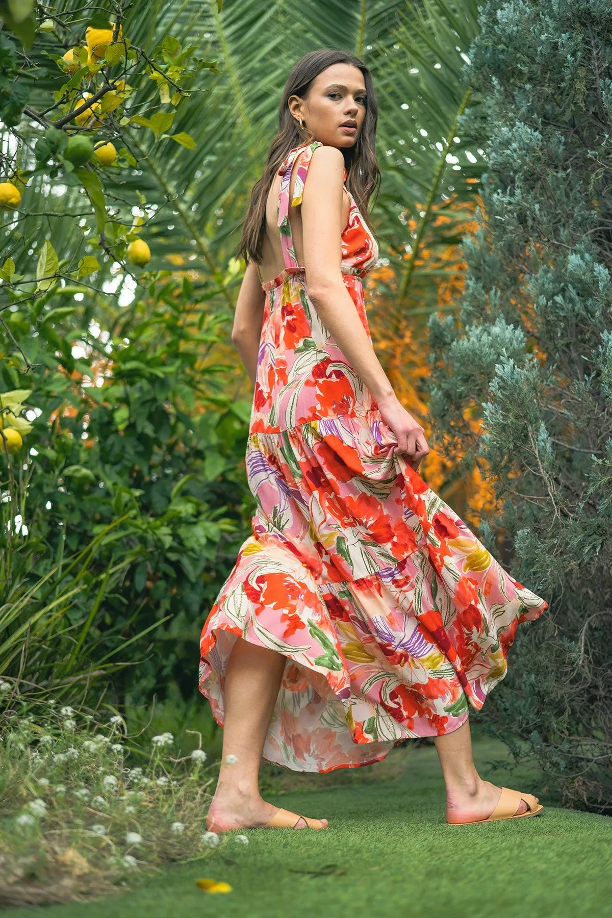 Coral Multi Printed Design Shoulder Tie Maxi Dress sold by Pinkblush