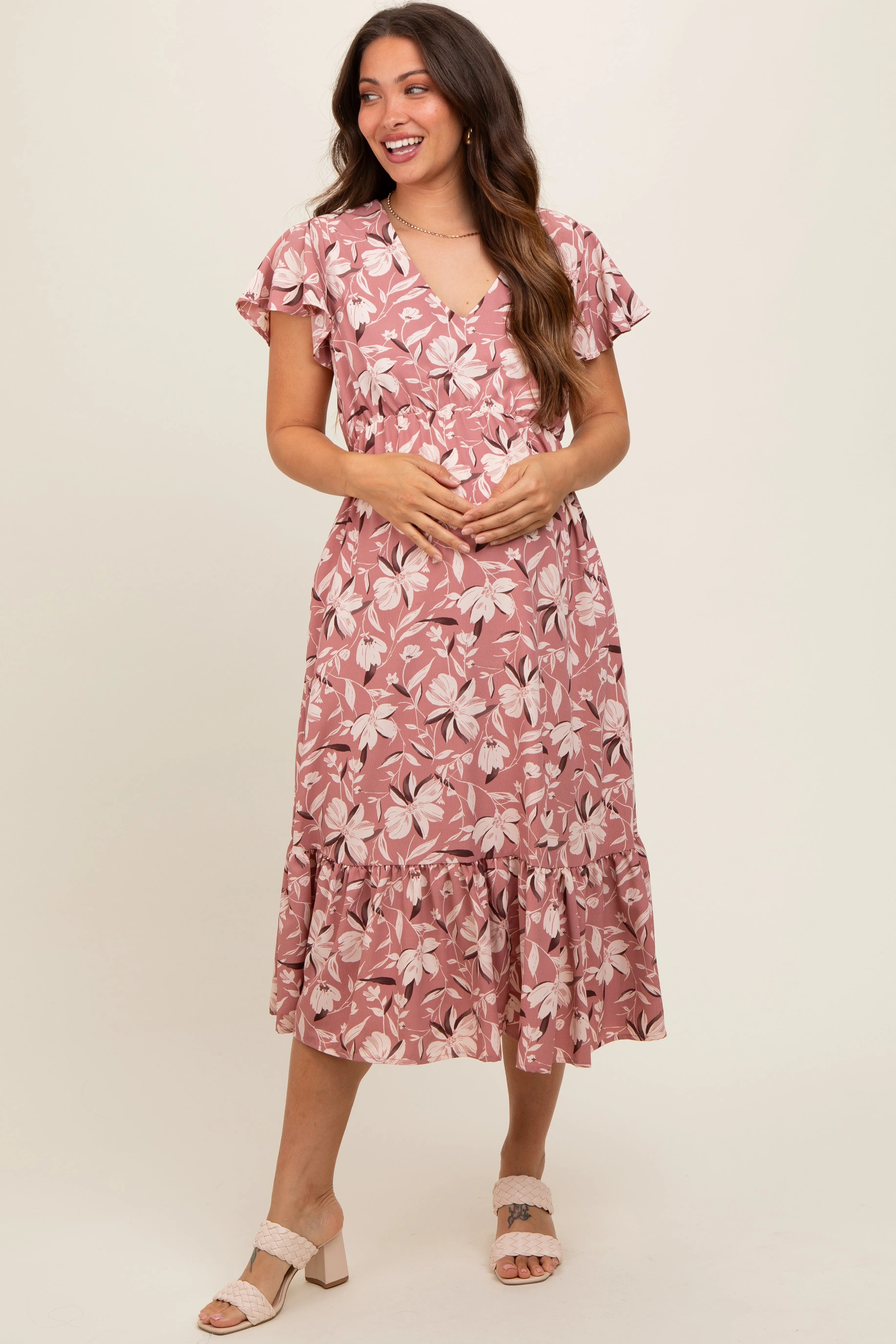 Mauve Floral Flutter Sleeve Maternity Midi Dress sold by Pinkblush product image thumbnail 2