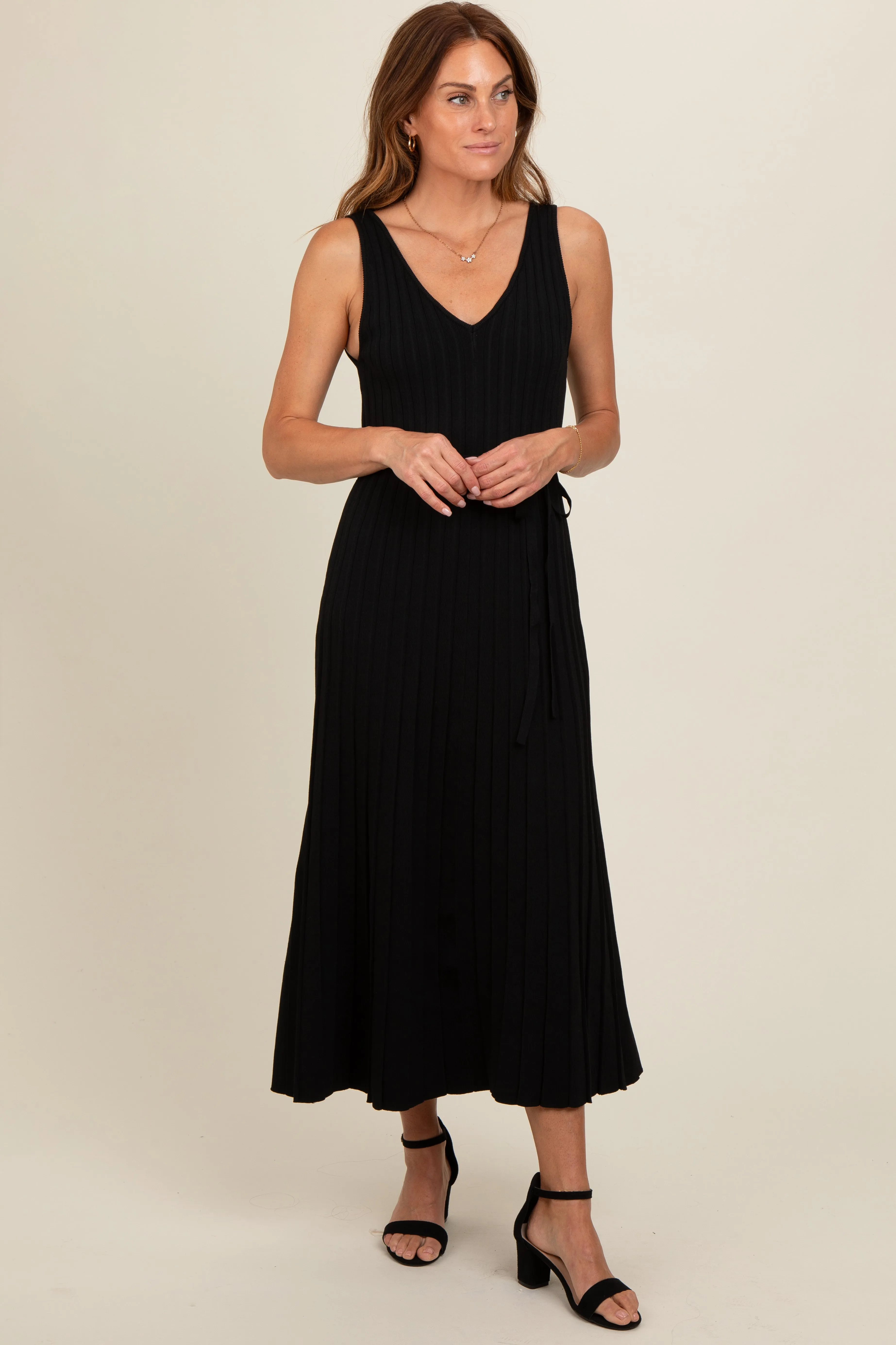 Black Pleated V-Neck Waist Tie Sweater Maxi Dress sold by Pinkblush product image thumbnail 2