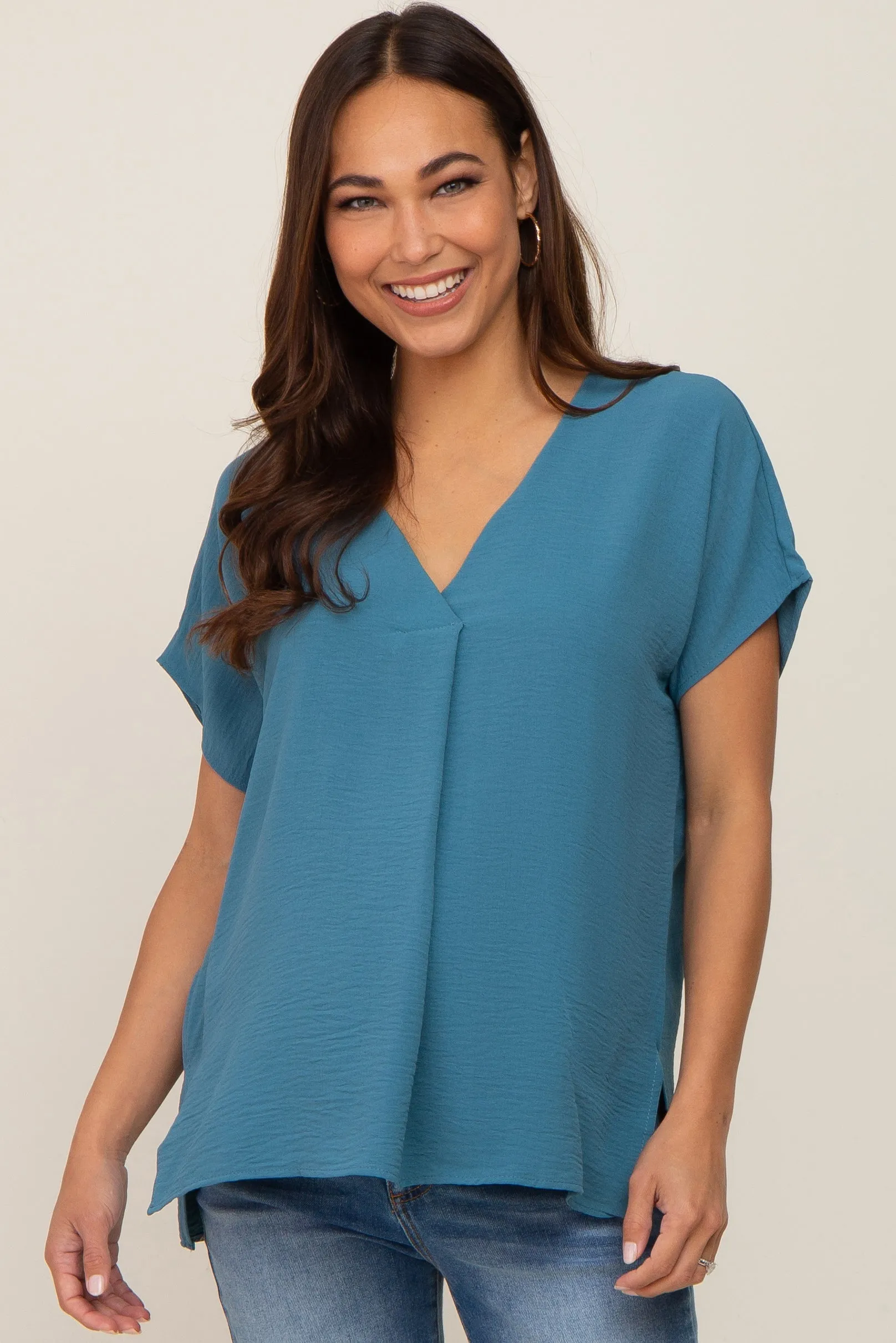 Teal Oversized V-Neck Maternity Blouse sold by Pinkblush