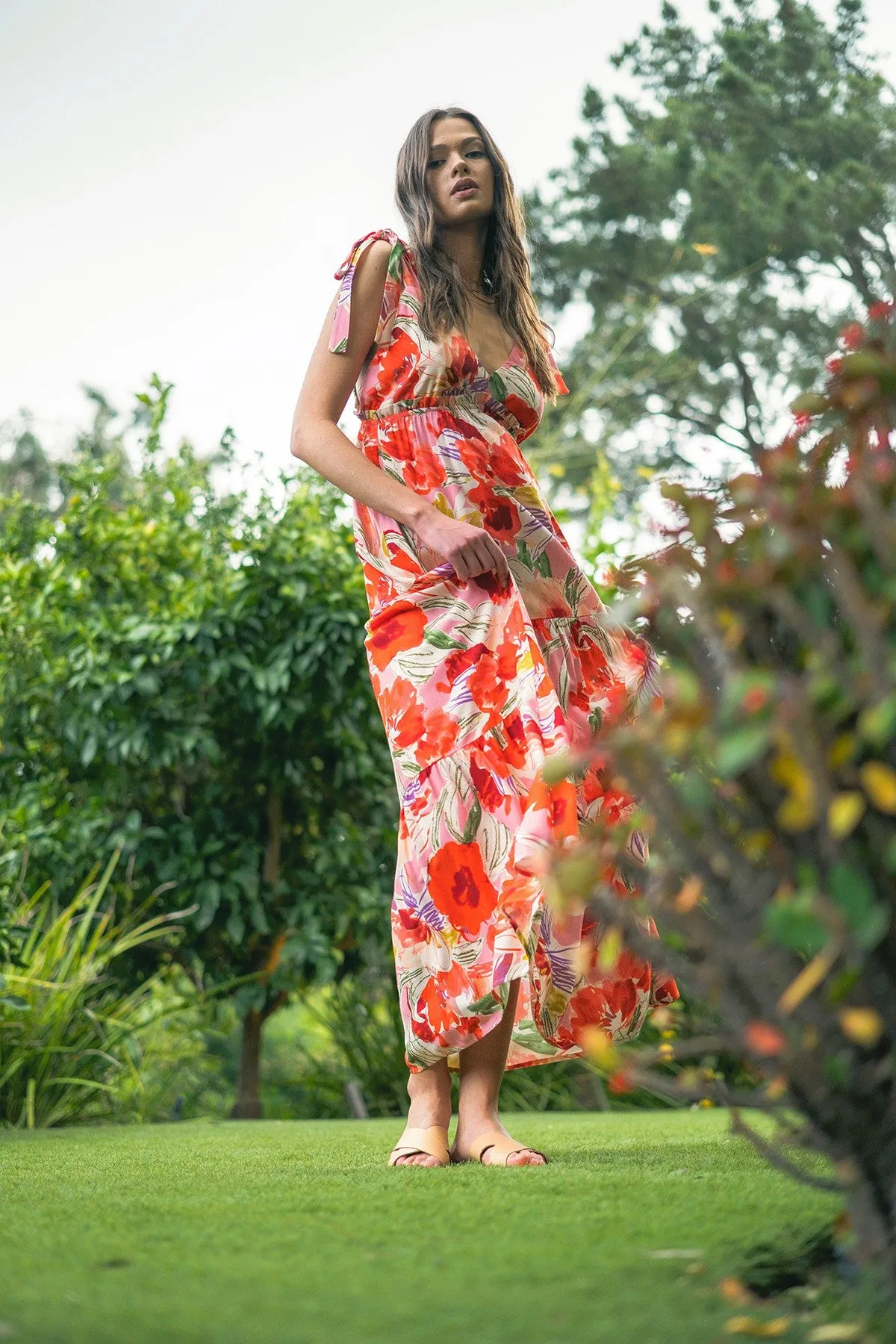 Coral Multi Printed Design Shoulder Tie Maxi Dress sold by Pinkblush product image thumbnail 2