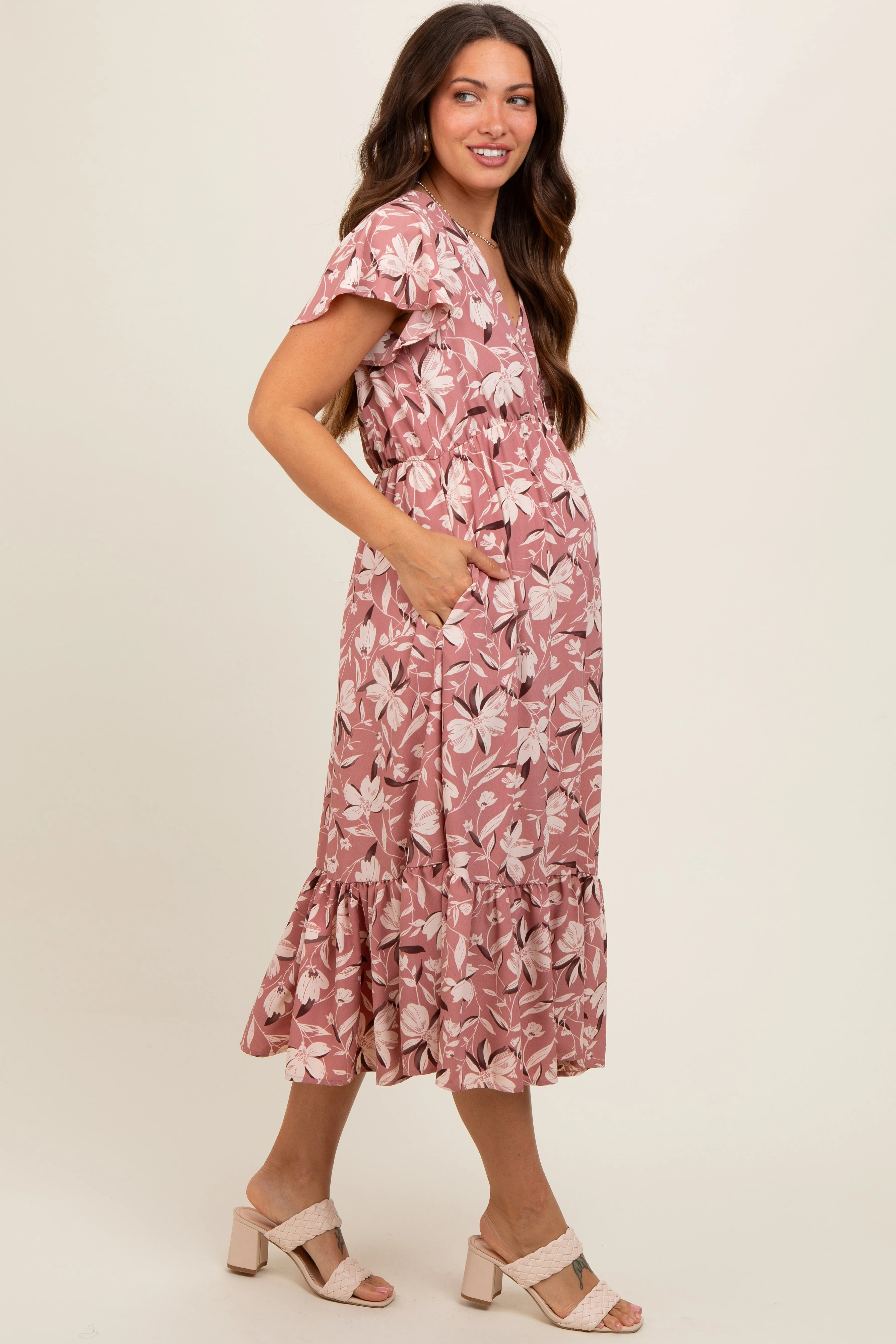 Mauve Floral Flutter Sleeve Maternity Midi Dress sold by Pinkblush product image thumbnail 3