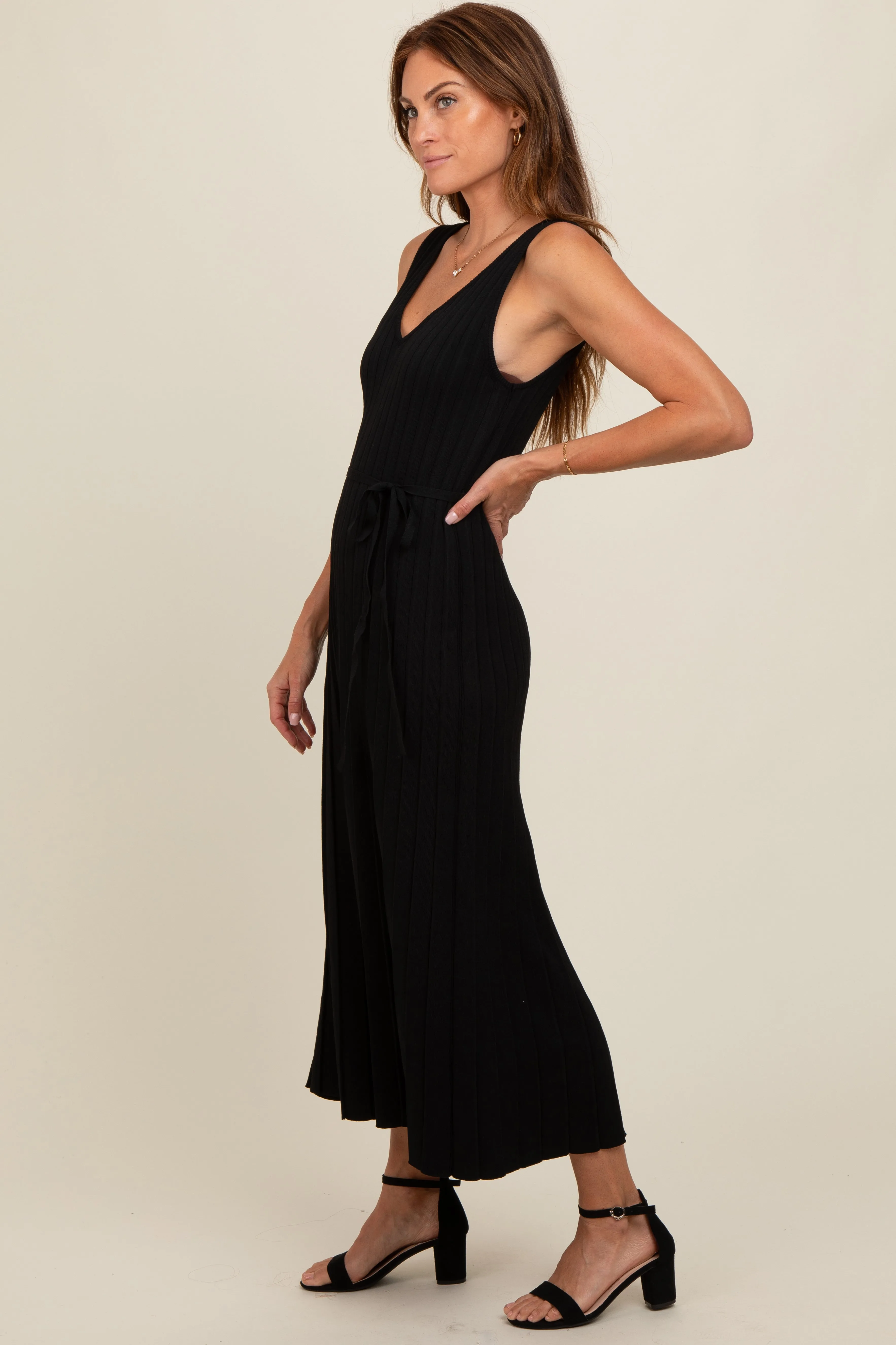 Black Pleated V-Neck Waist Tie Sweater Maxi Dress sold by Pinkblush product image thumbnail 3