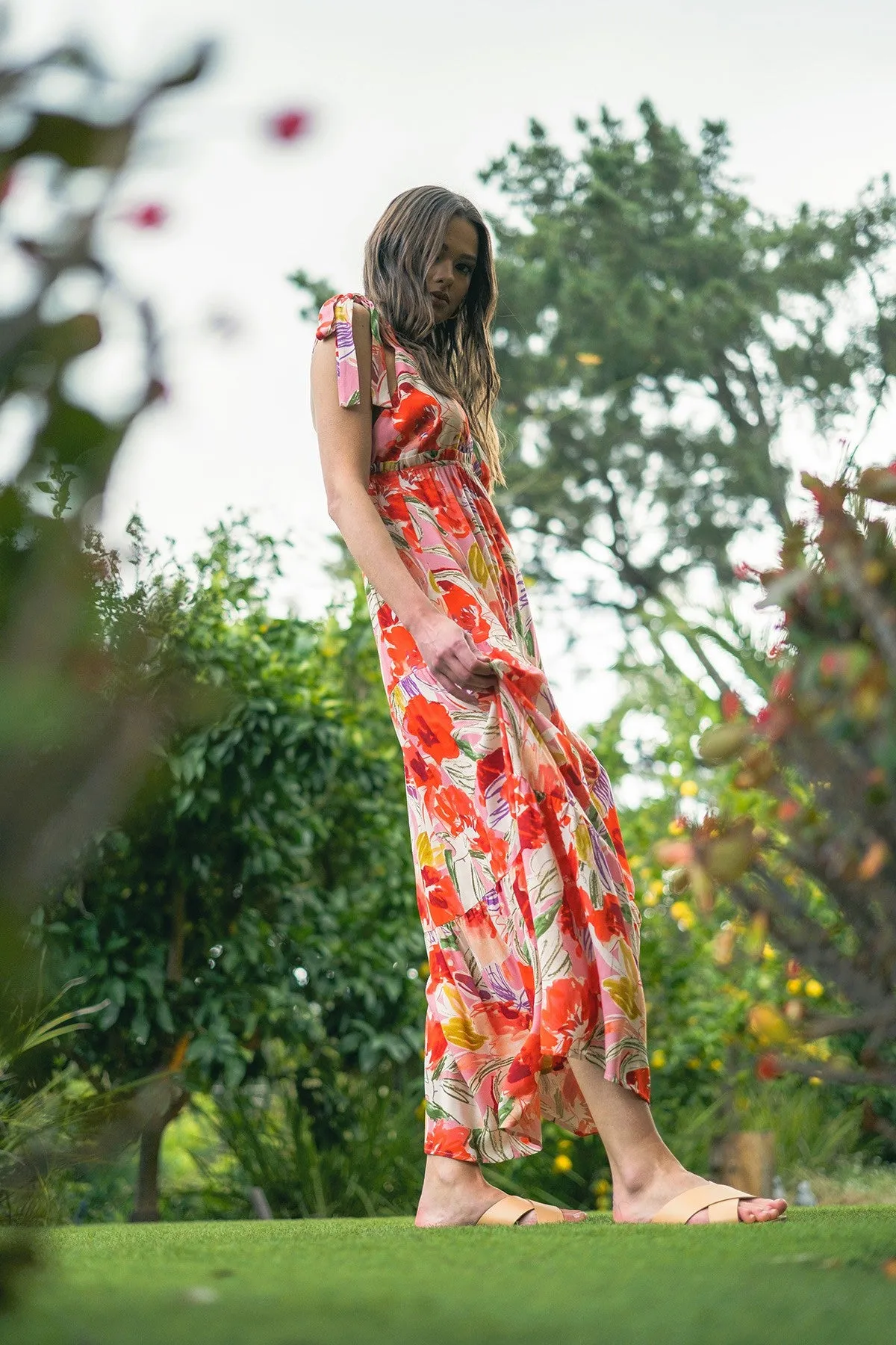 Coral Multi Printed Design Shoulder Tie Maxi Dress sold by Pinkblush product image thumbnail 3