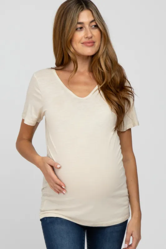 Beige V-Neck Maternity T Shirt sold by Pinkblush