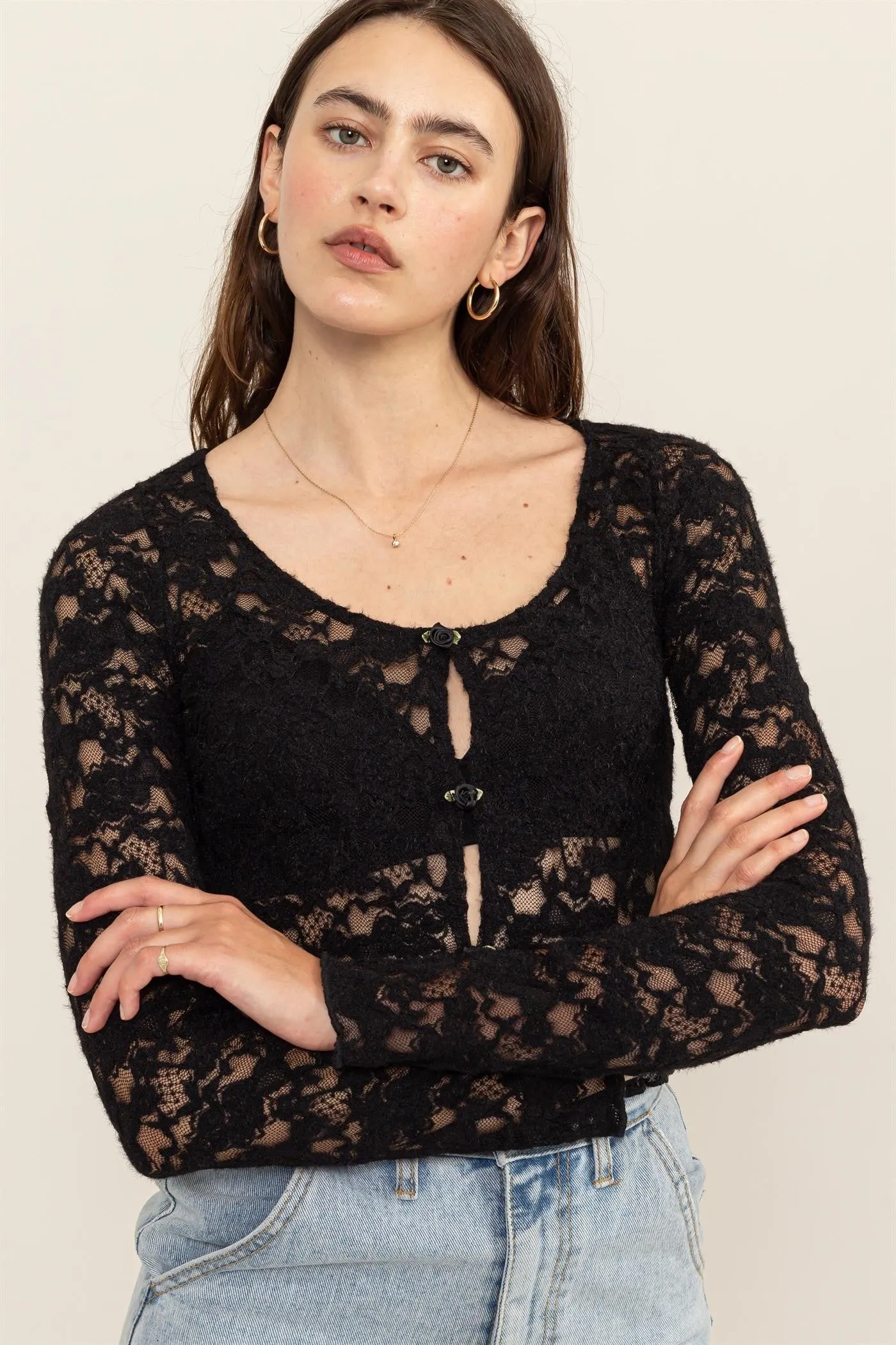 Black Lace Rosette Cardigan Top sold by Pinkblush product image thumbnail 3