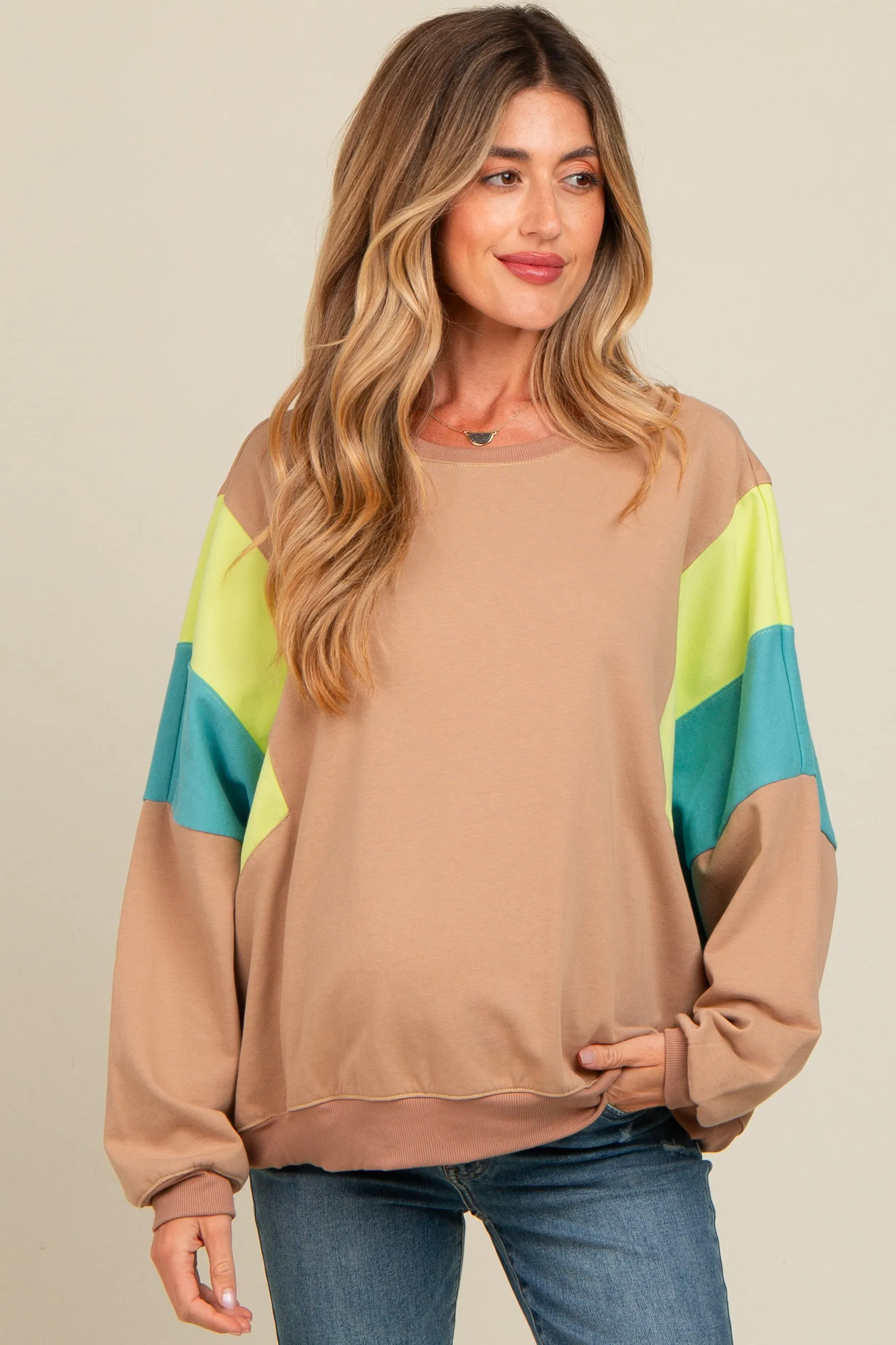 Mocha Colorblock Dolman Sleeve Maternity Sweatshirt sold by Pinkblush