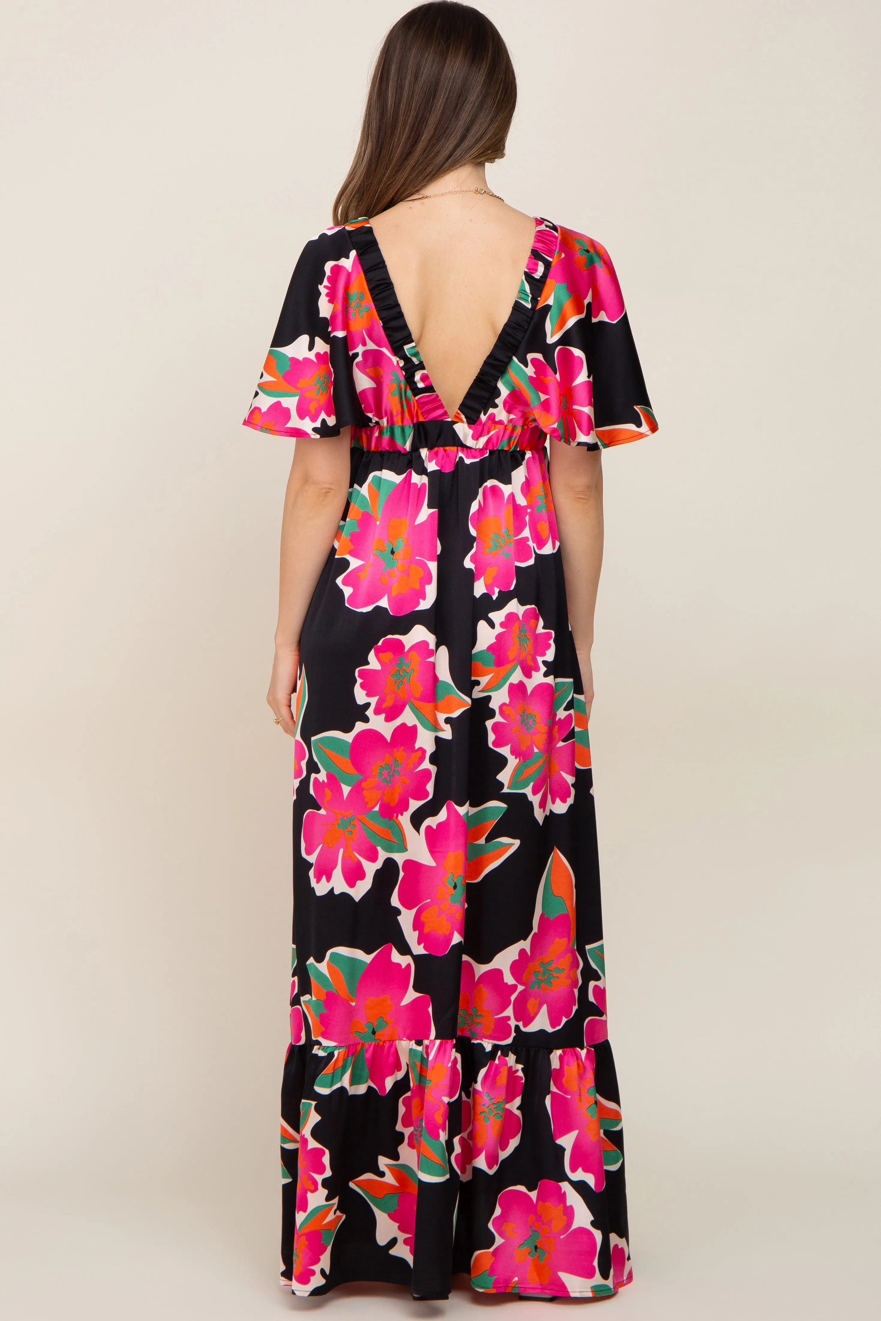 Black Floral Flounce Sleeve Maternity Maxi Dress sold by Pinkblush product image thumbnail 3