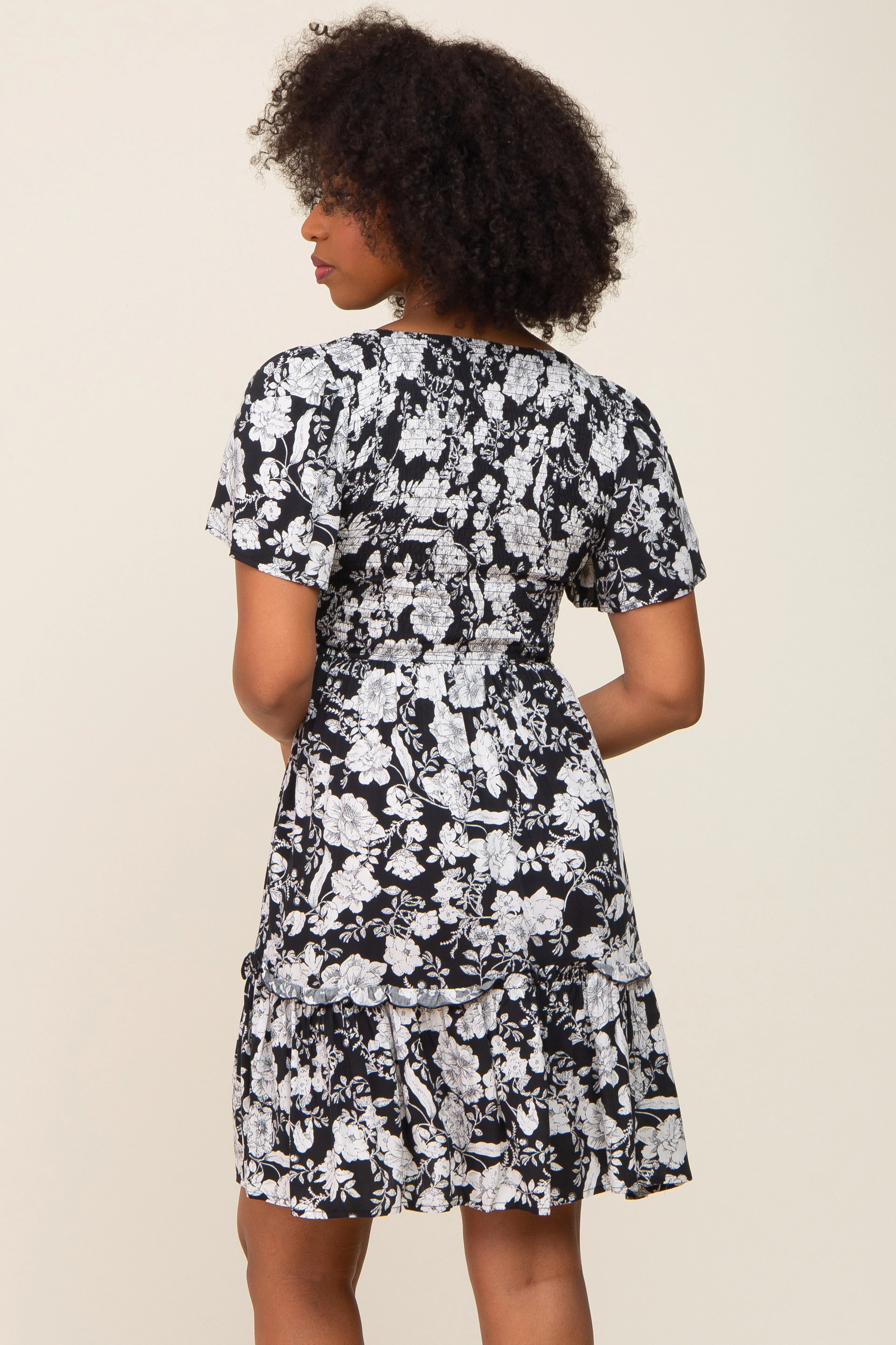 Black Floral Smocked Gathered Tier Dress sold by Pinkblush product image thumbnail 3