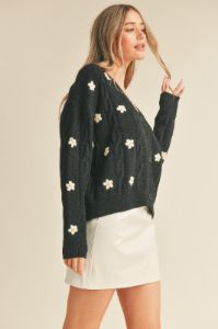 Black Floral Floral Embroidery Knit Sweater Cardigan sold by Pinkblush