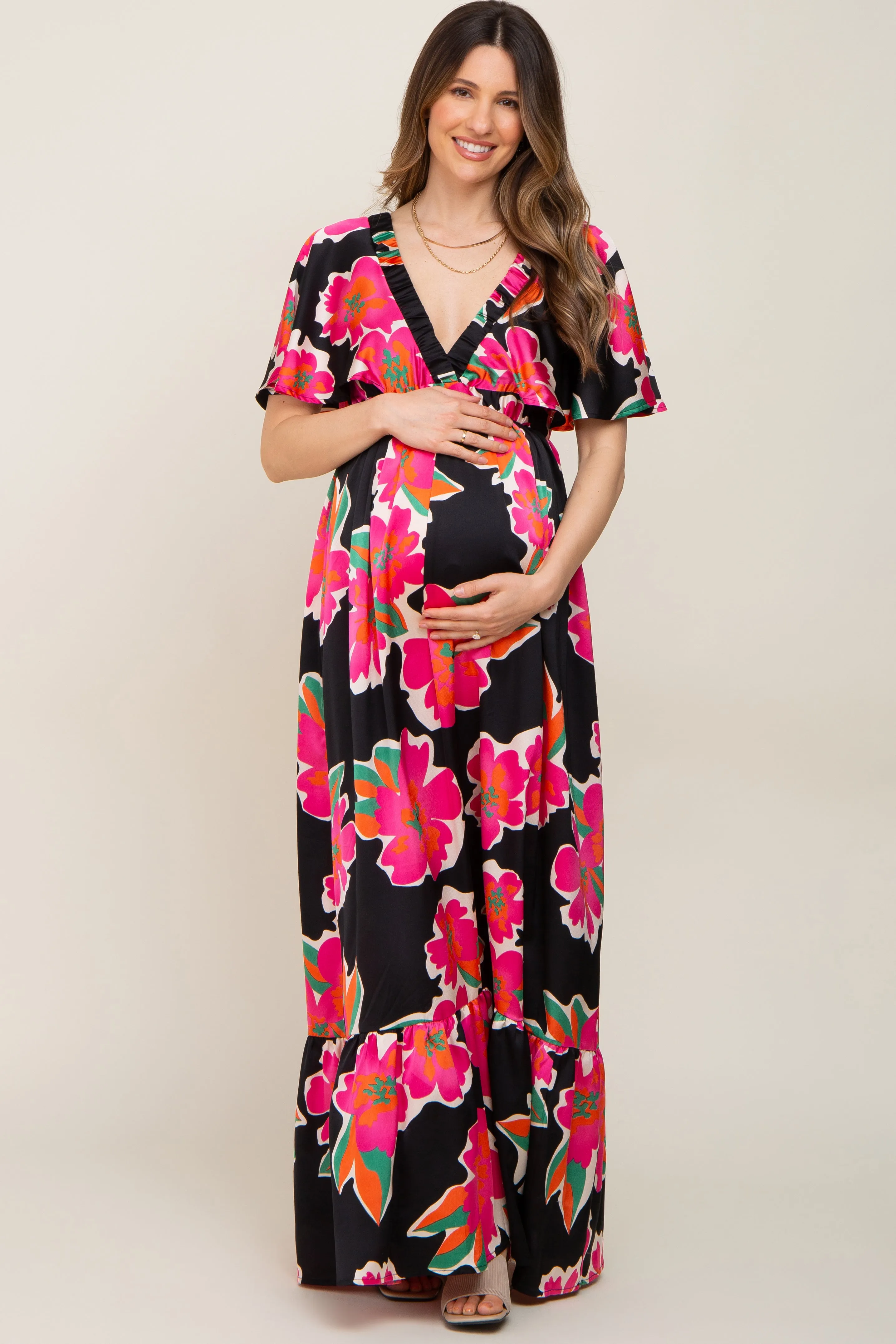Black Floral Flounce Sleeve Maternity Maxi Dress sold by Pinkblush product image thumbnail 4