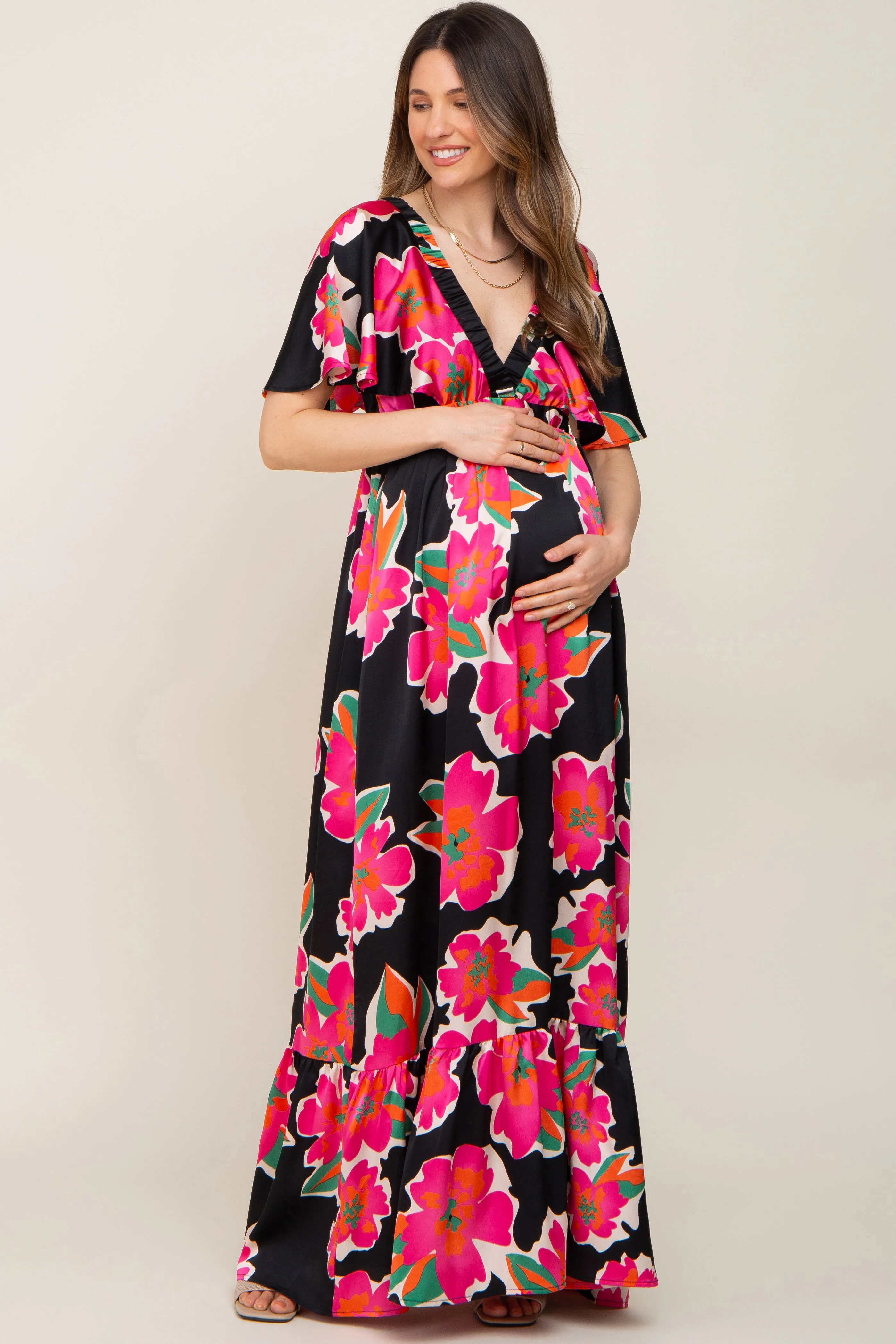 Black Floral Flounce Sleeve Maternity Maxi Dress sold by Pinkblush