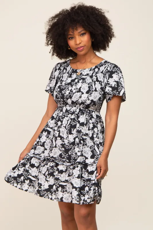 Black Floral Smocked Gathered Tier Dress sold by Pinkblush