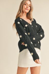 Black Floral Floral Embroidery Knit Sweater Cardigan sold by Pinkblush