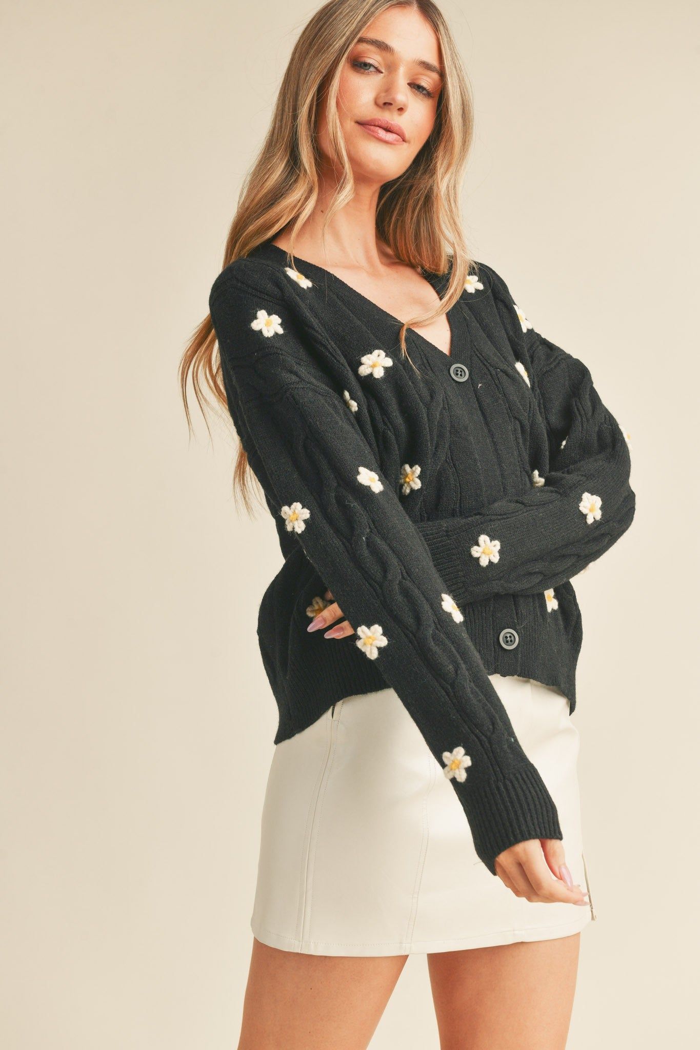 Black Floral Floral Embroidery Knit Sweater Cardigan sold by Pinkblush