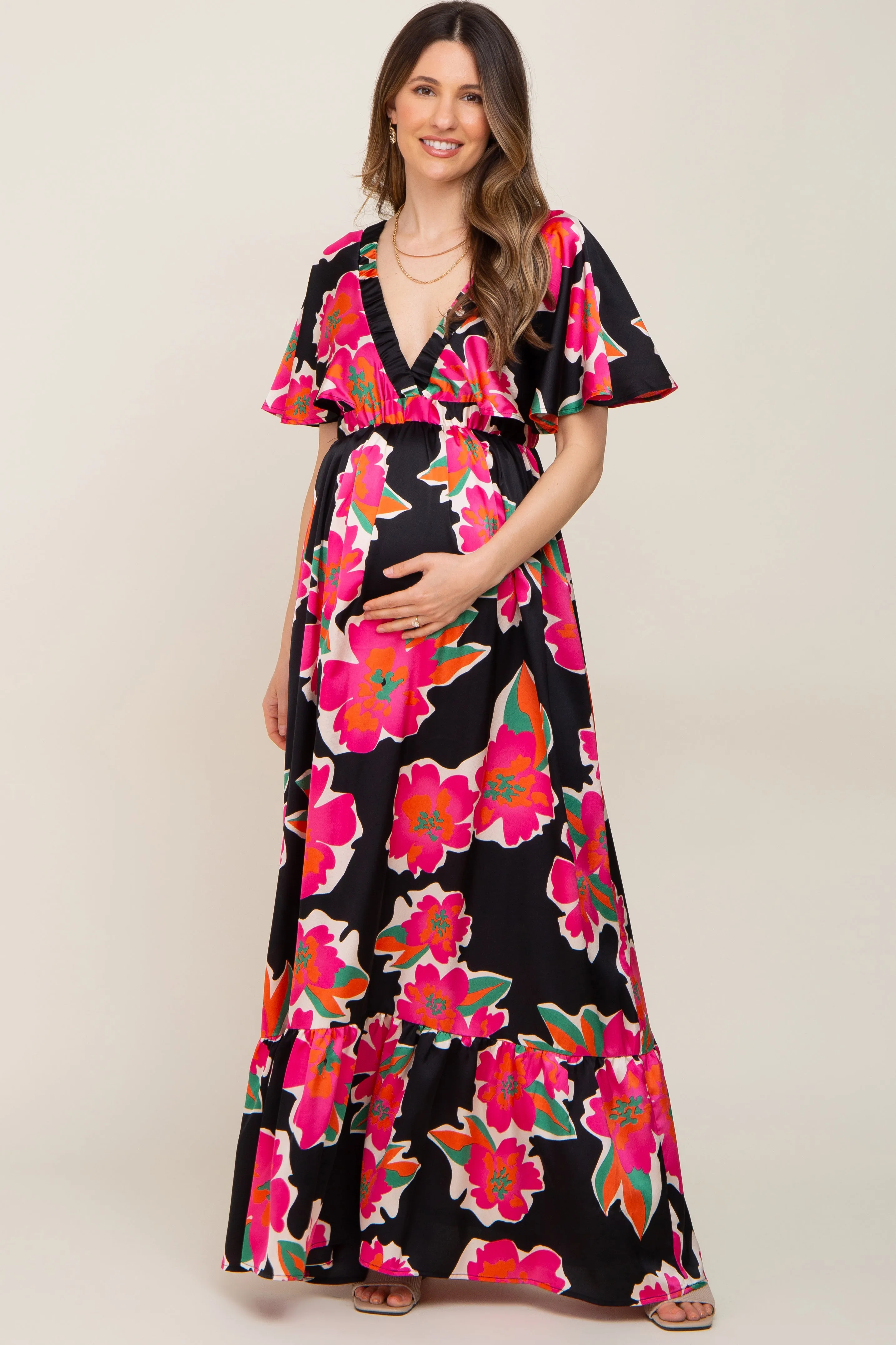 Black Floral Flounce Sleeve Maternity Maxi Dress sold by Pinkblush product image thumbnail 5