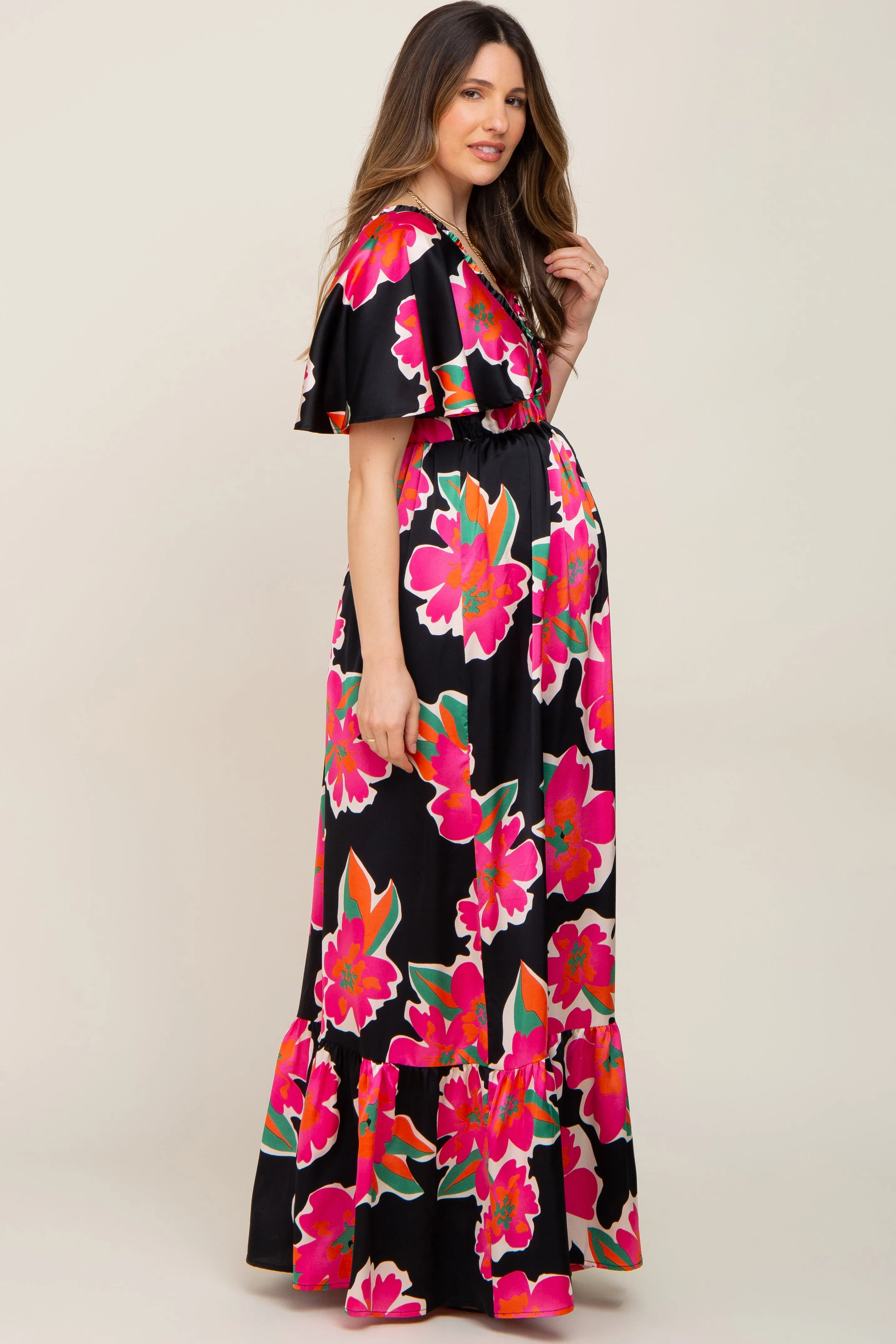Black Floral Flounce Sleeve Maternity Maxi Dress sold by Pinkblush product image thumbnail 2