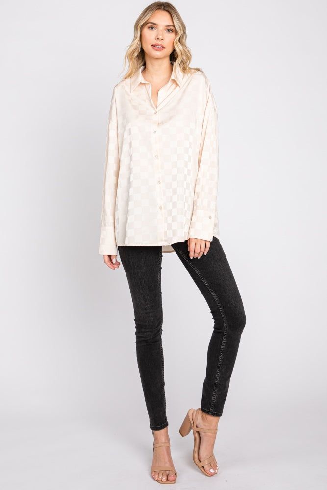 Beige Checkered Satin Button Up Top sold by Pinkblush product image thumbnail 4