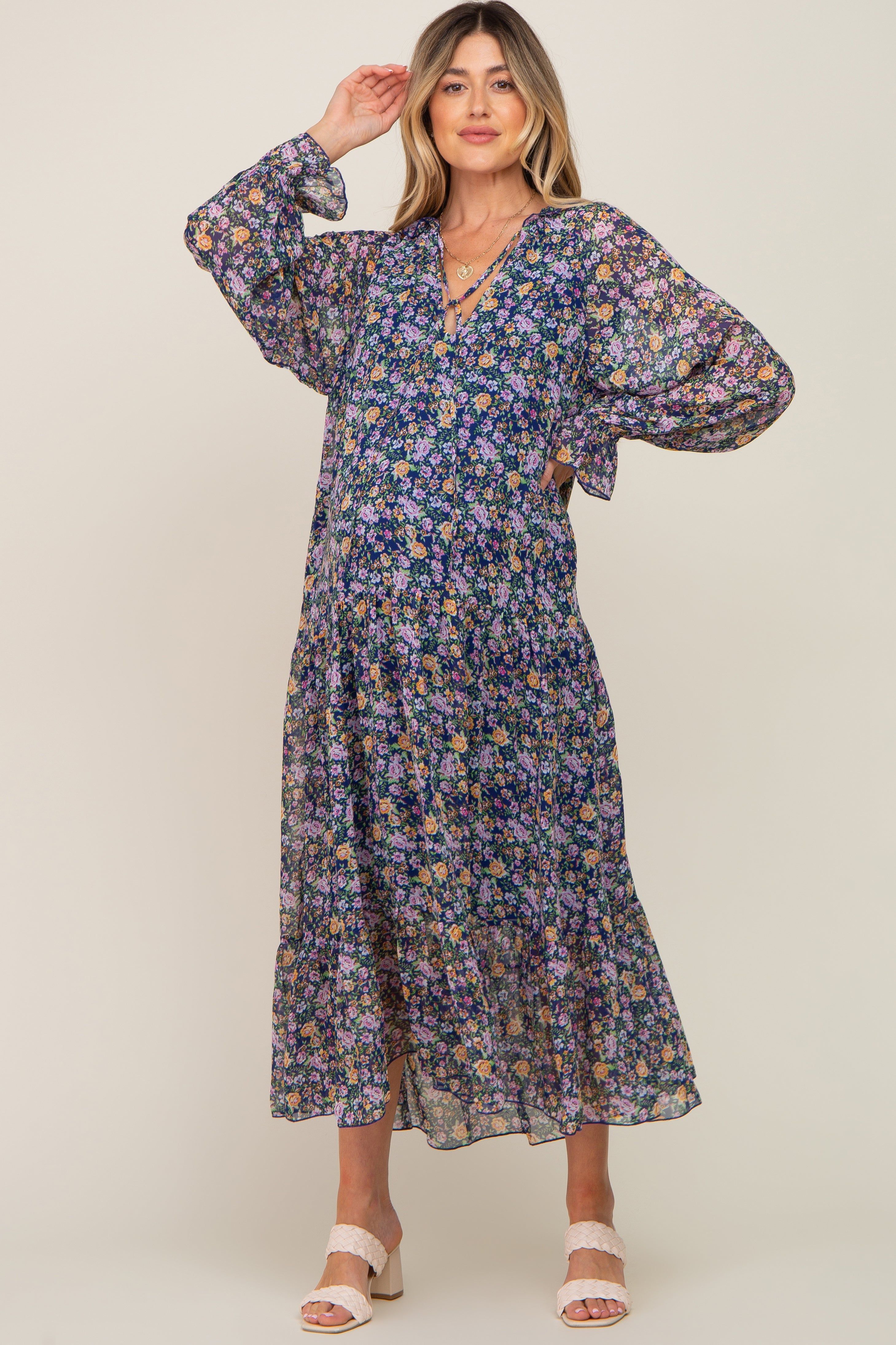 Navy Blue Floral Chiffon Ruffle Long Sleeve Maternity Maxi Dress sold by Pinkblush product image thumbnail 5