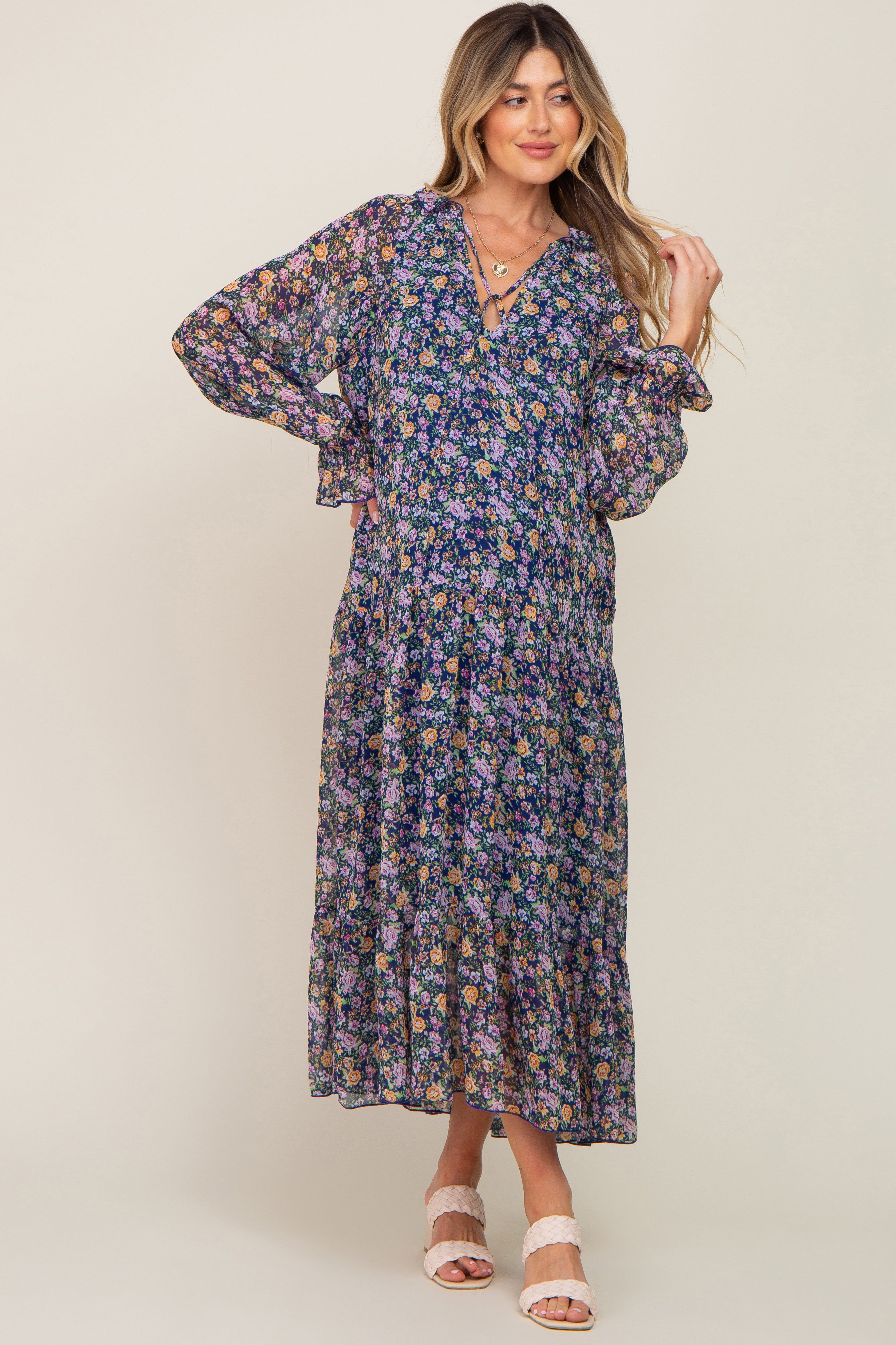 Navy Blue Floral Chiffon Ruffle Long Sleeve Maternity Maxi Dress sold by Pinkblush product image thumbnail 2