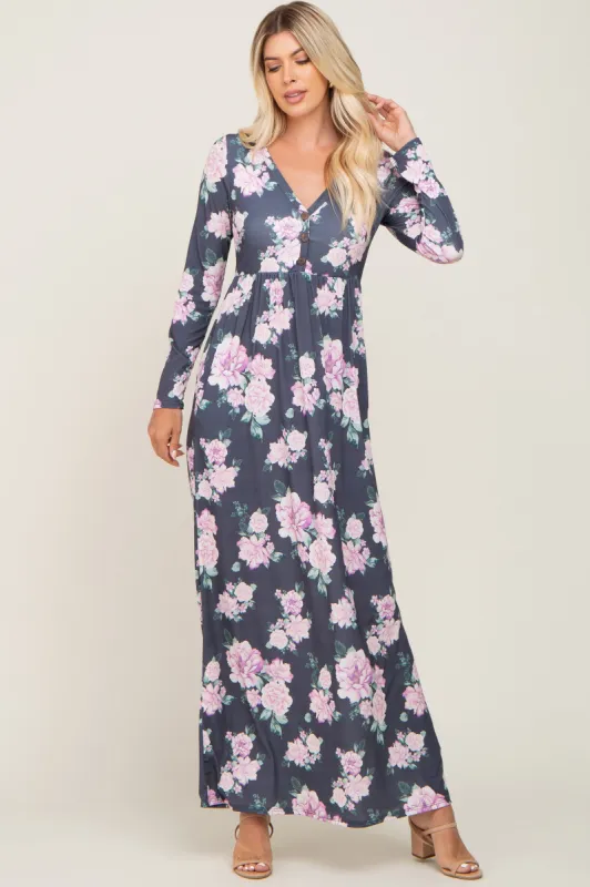 Charcoal Floral Button Front Maxi Dress sold by Pinkblush