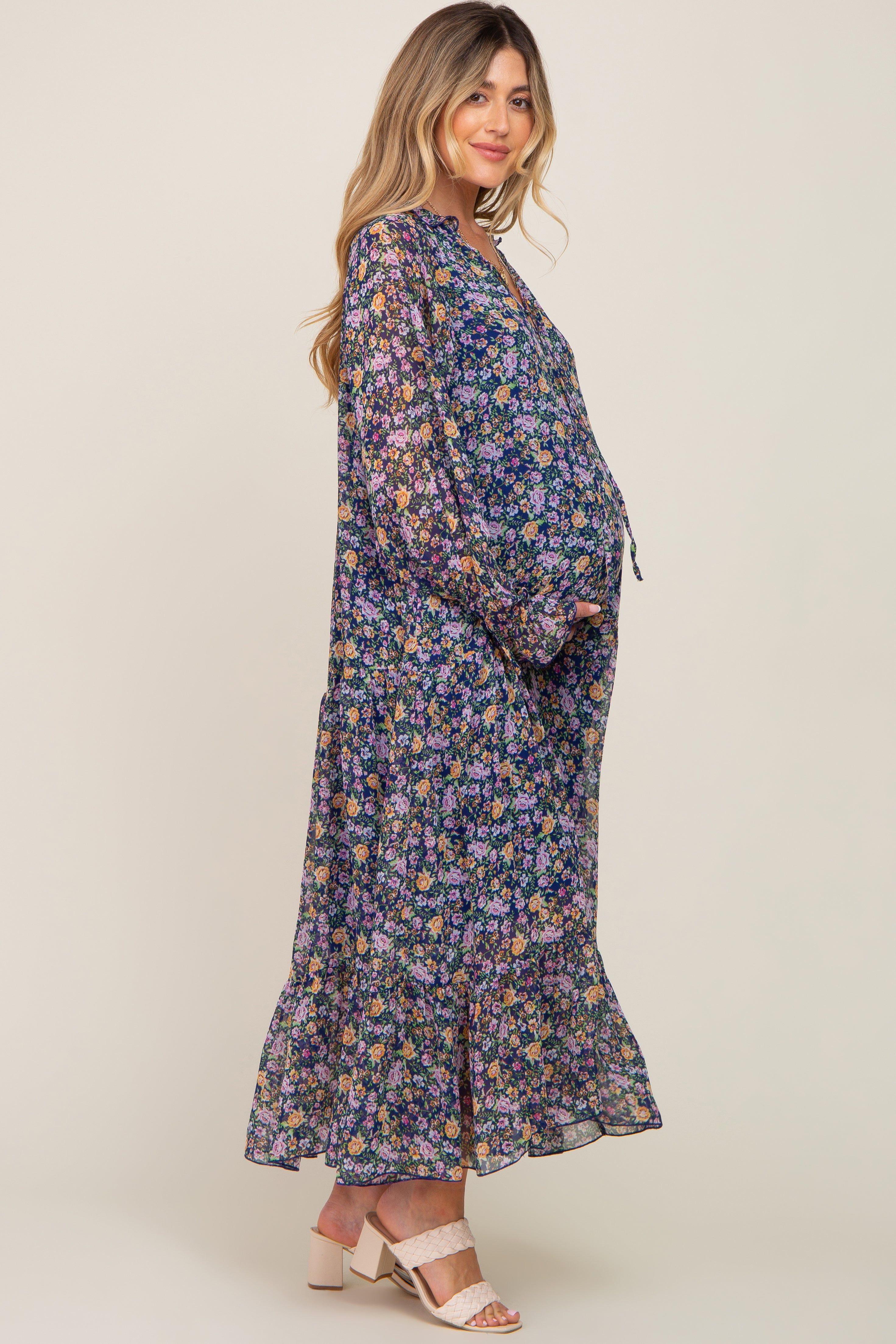 Navy Blue Floral Chiffon Ruffle Long Sleeve Maternity Maxi Dress sold by Pinkblush product image thumbnail 3