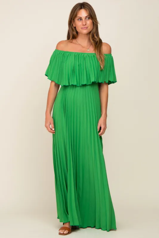 Green Pleated Off Shoulder Maxi Dress sold by Pinkblush