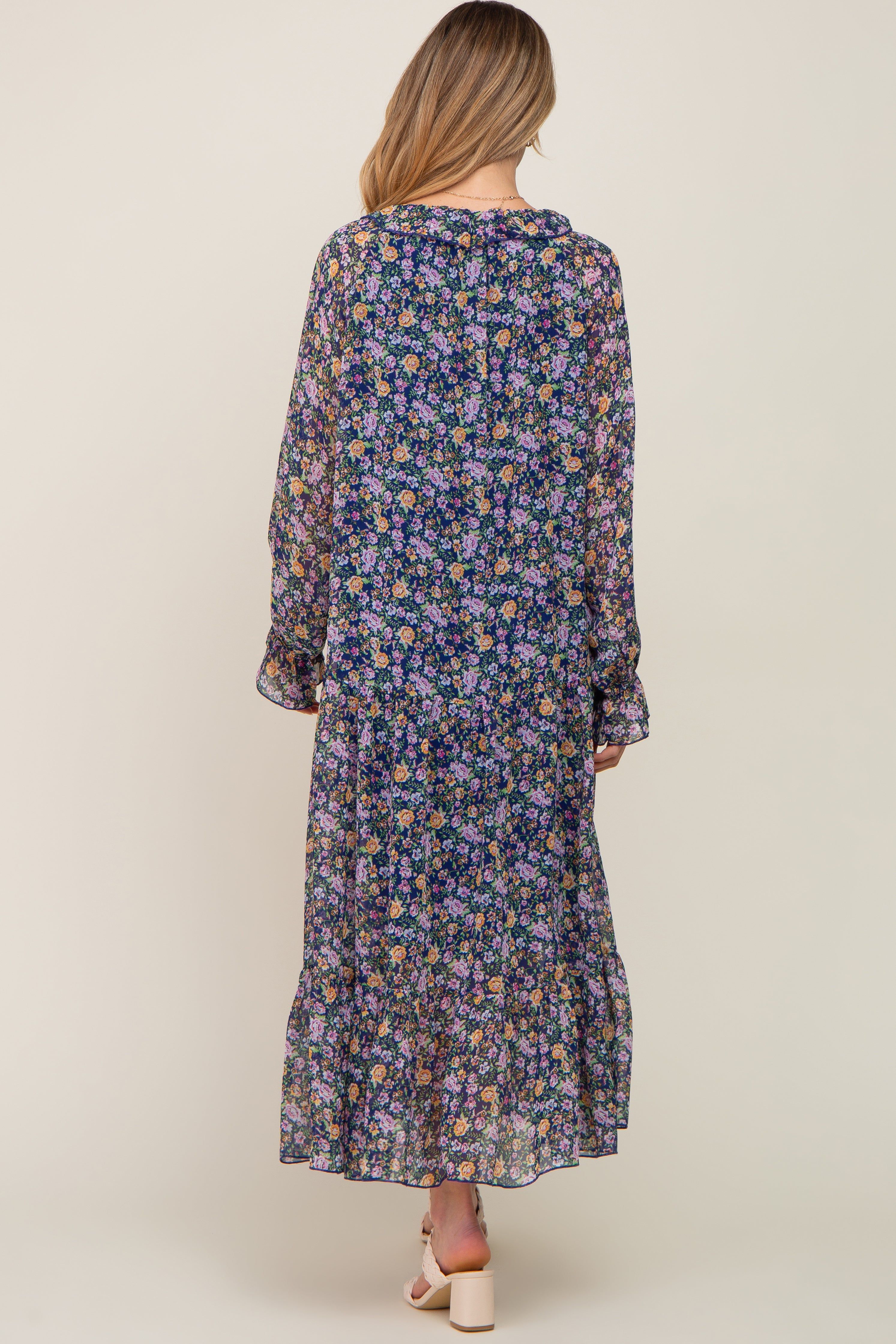 Navy Blue Floral Chiffon Ruffle Long Sleeve Maternity Maxi Dress sold by Pinkblush product image thumbnail 4