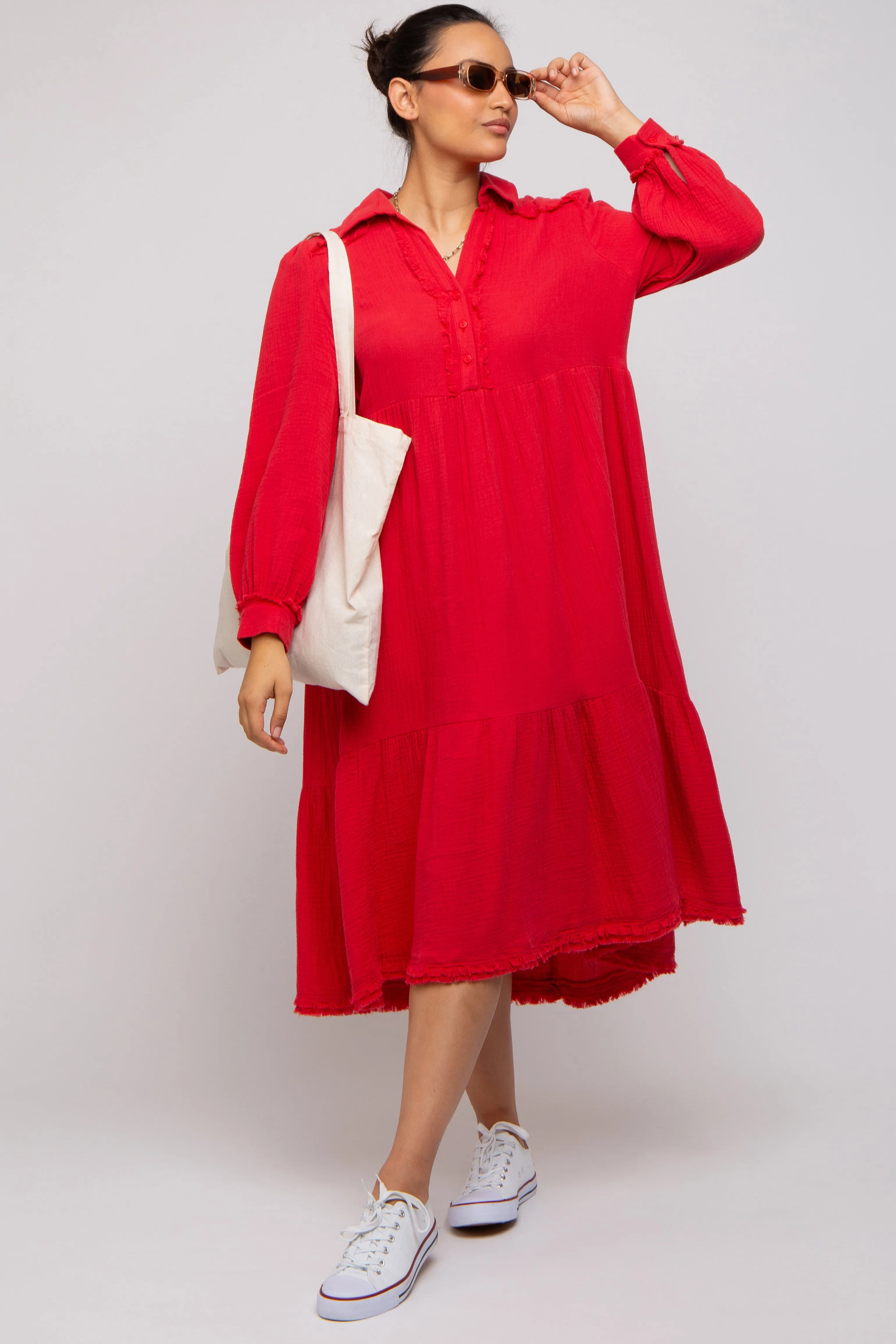 Red Fringe Midi Dress sold by Pinkblush