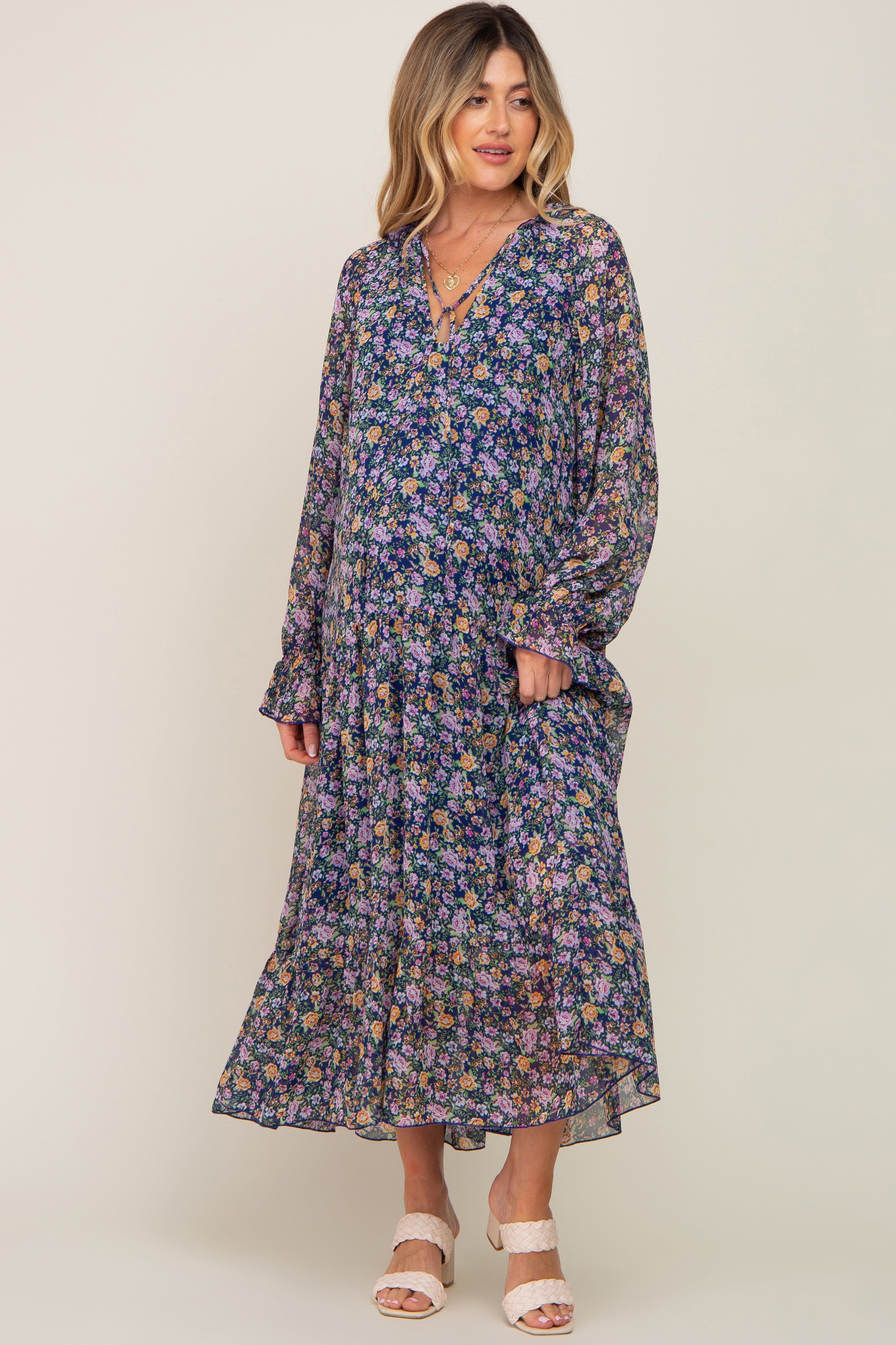 Navy Blue Floral Chiffon Ruffle Long Sleeve Maternity Maxi Dress sold by Pinkblush