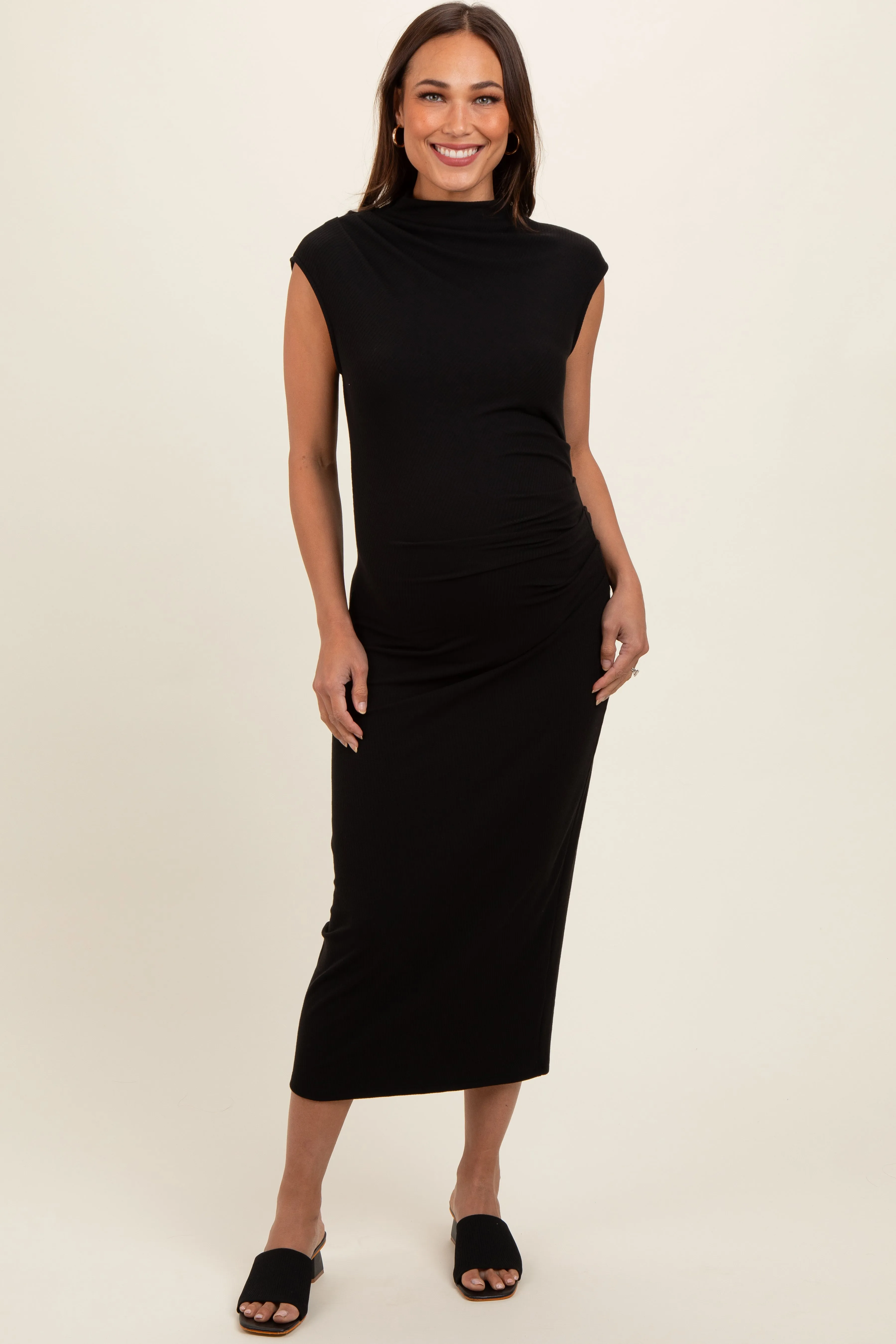 Black Ribbed Maternity Ruched Midi Dress sold by Pinkblush