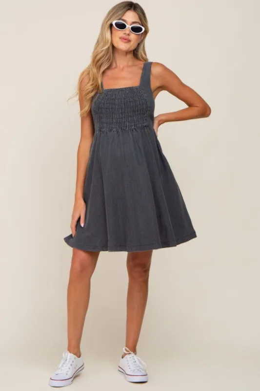 Black Smocked Square Neck Denim Maternity Dress sold by Pinkblush