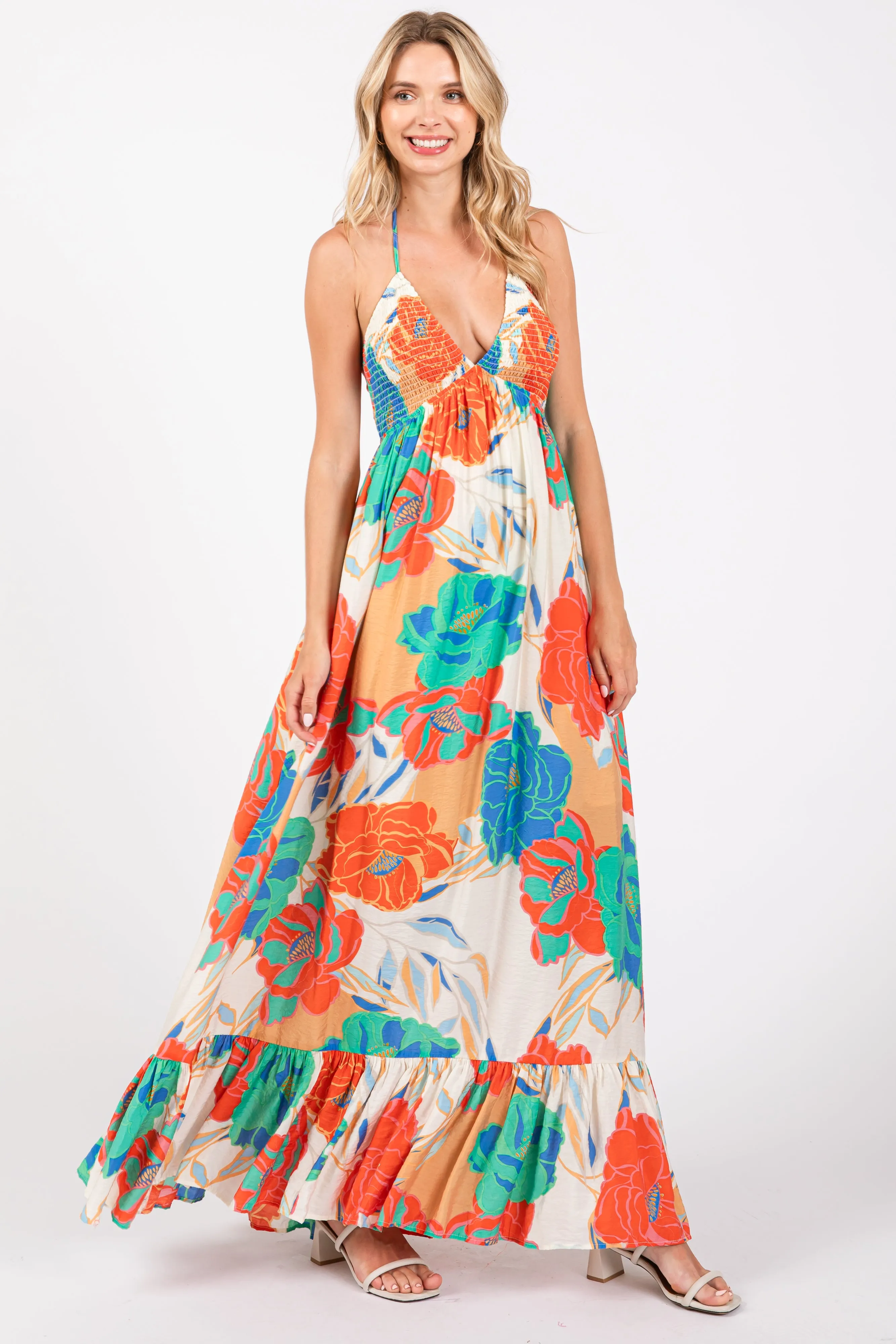 Cream Floral Smocked Halter Cutout Maxi Dress sold by Pinkblush product image thumbnail 2