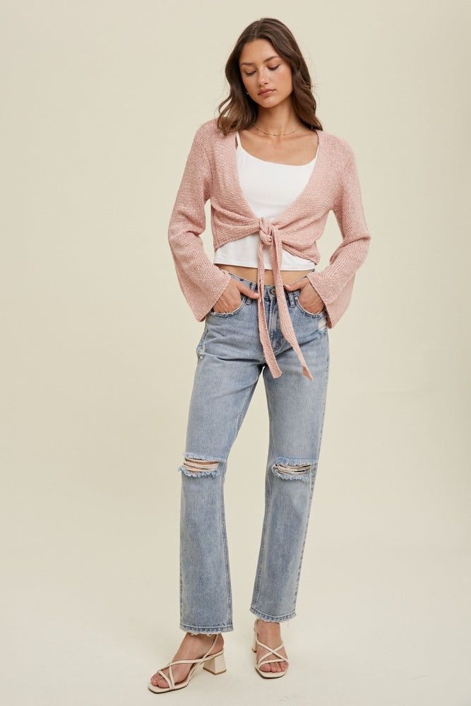 Rose Open Knit Sweater Self-Tie Cardigan sold by Pinkblush product image thumbnail 2
