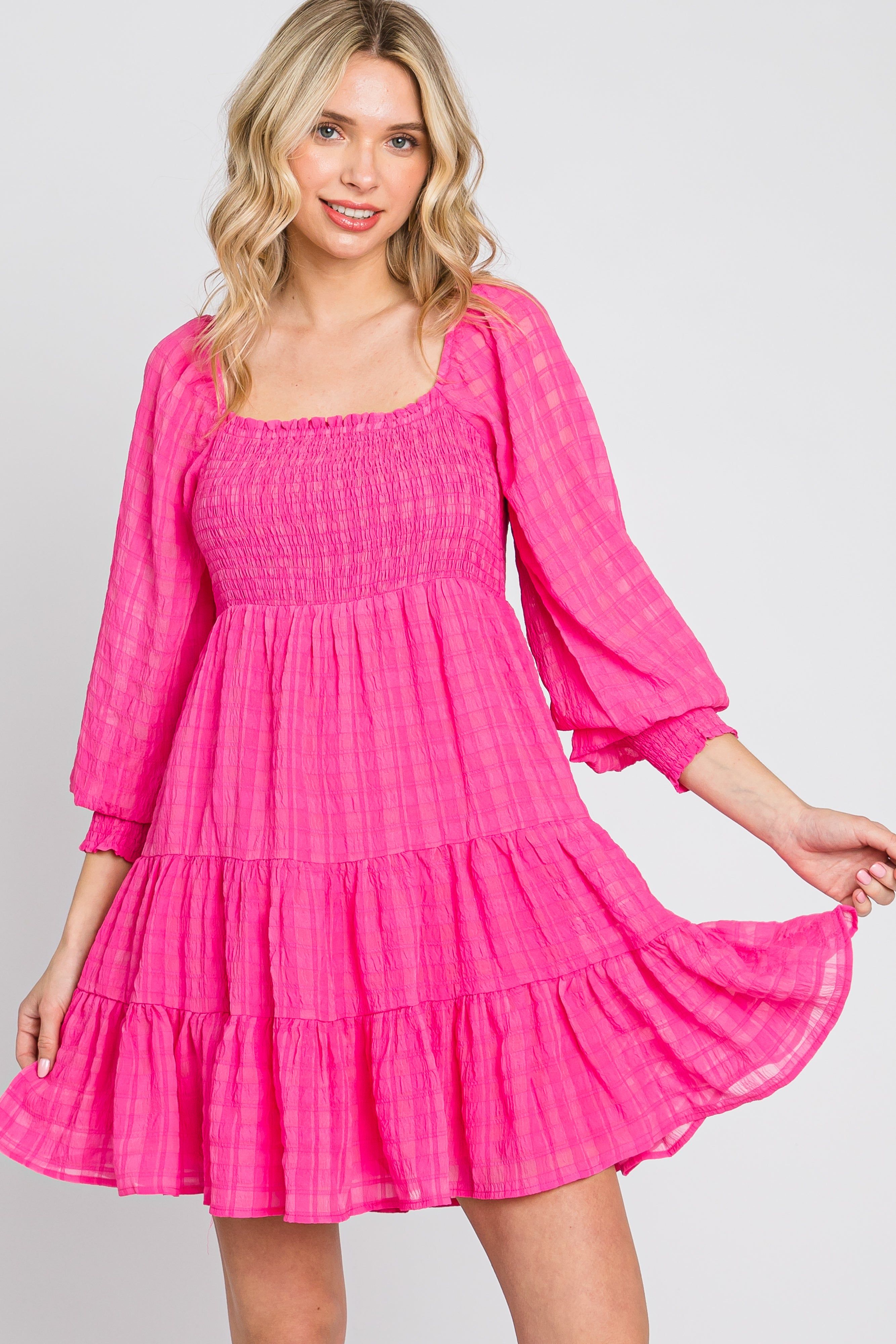 Fuchsia Gingham Textured Tiered Maternity Dress sold by Pinkblush product image thumbnail 4