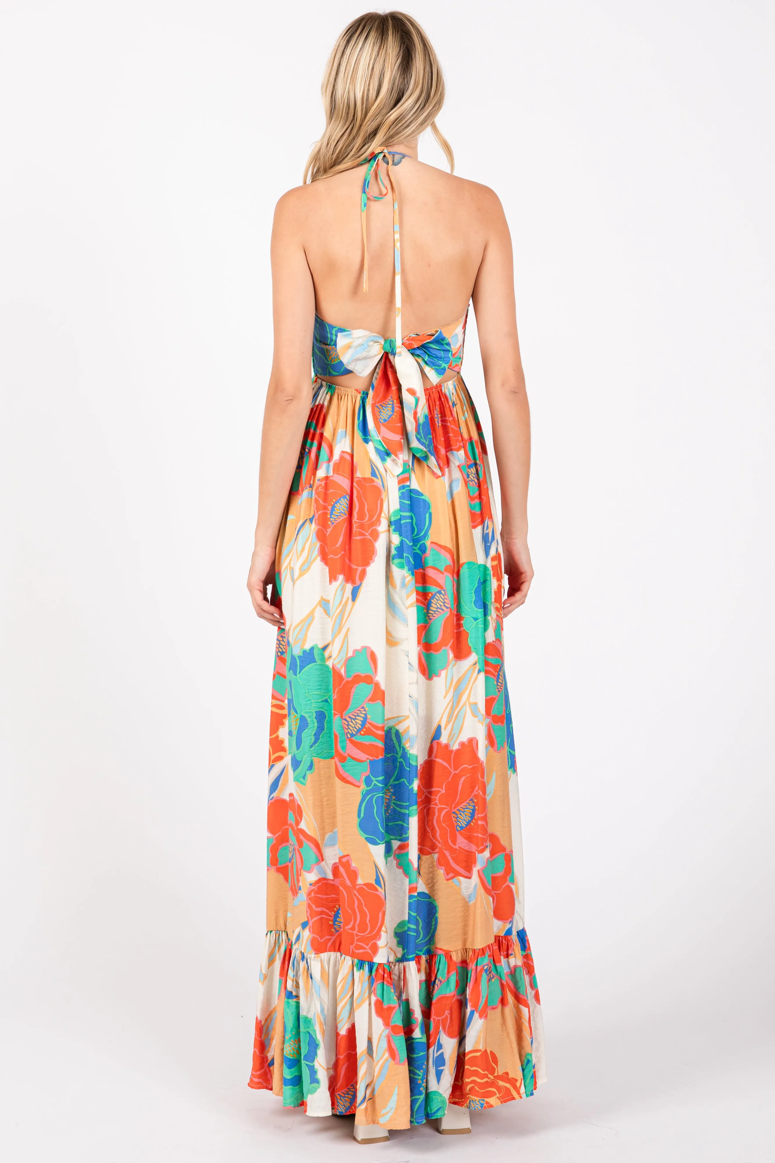 Cream Floral Smocked Halter Cutout Maxi Dress sold by Pinkblush product image thumbnail 3