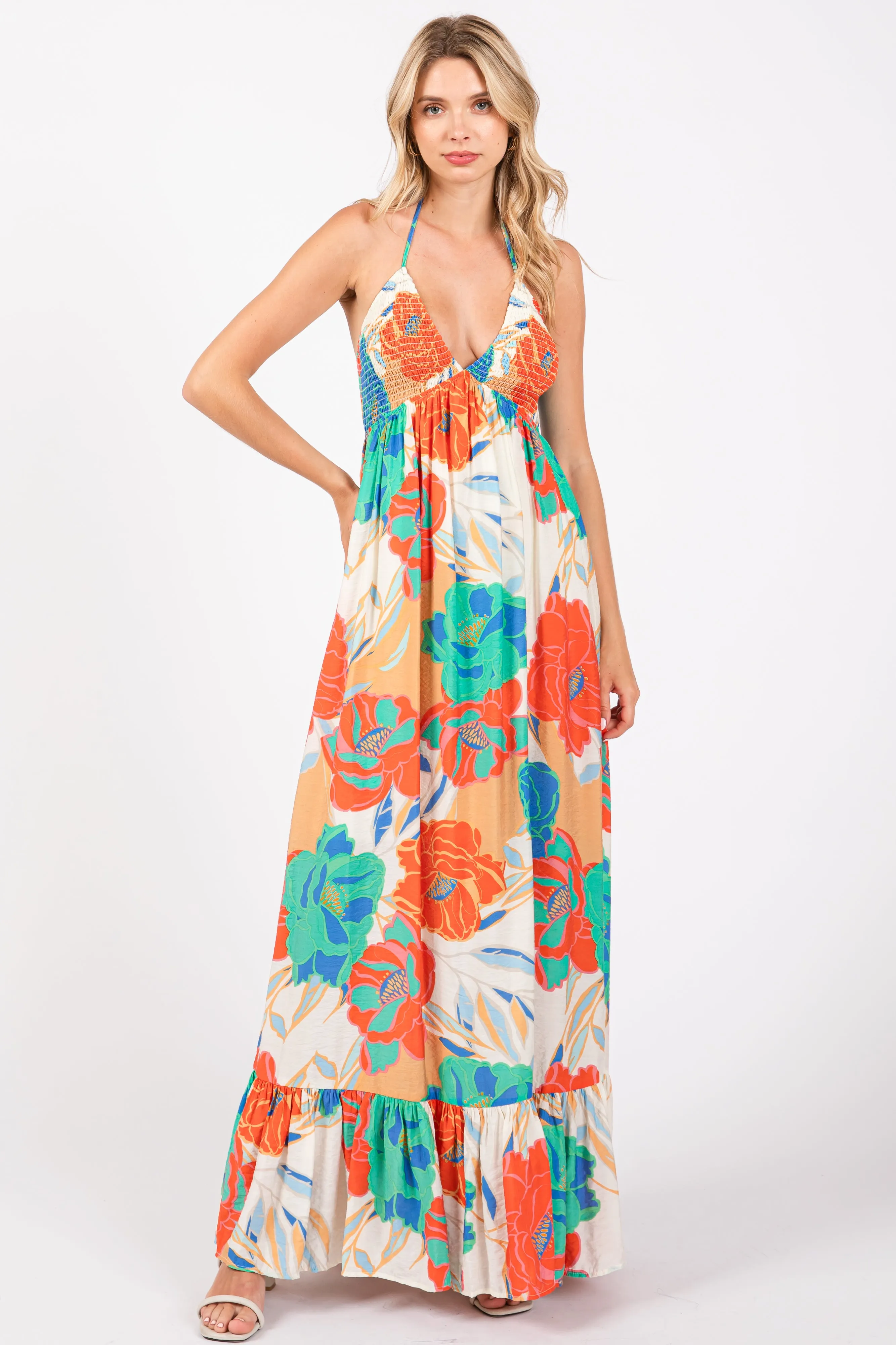 Cream Floral Smocked Halter Cutout Maxi Dress sold by Pinkblush