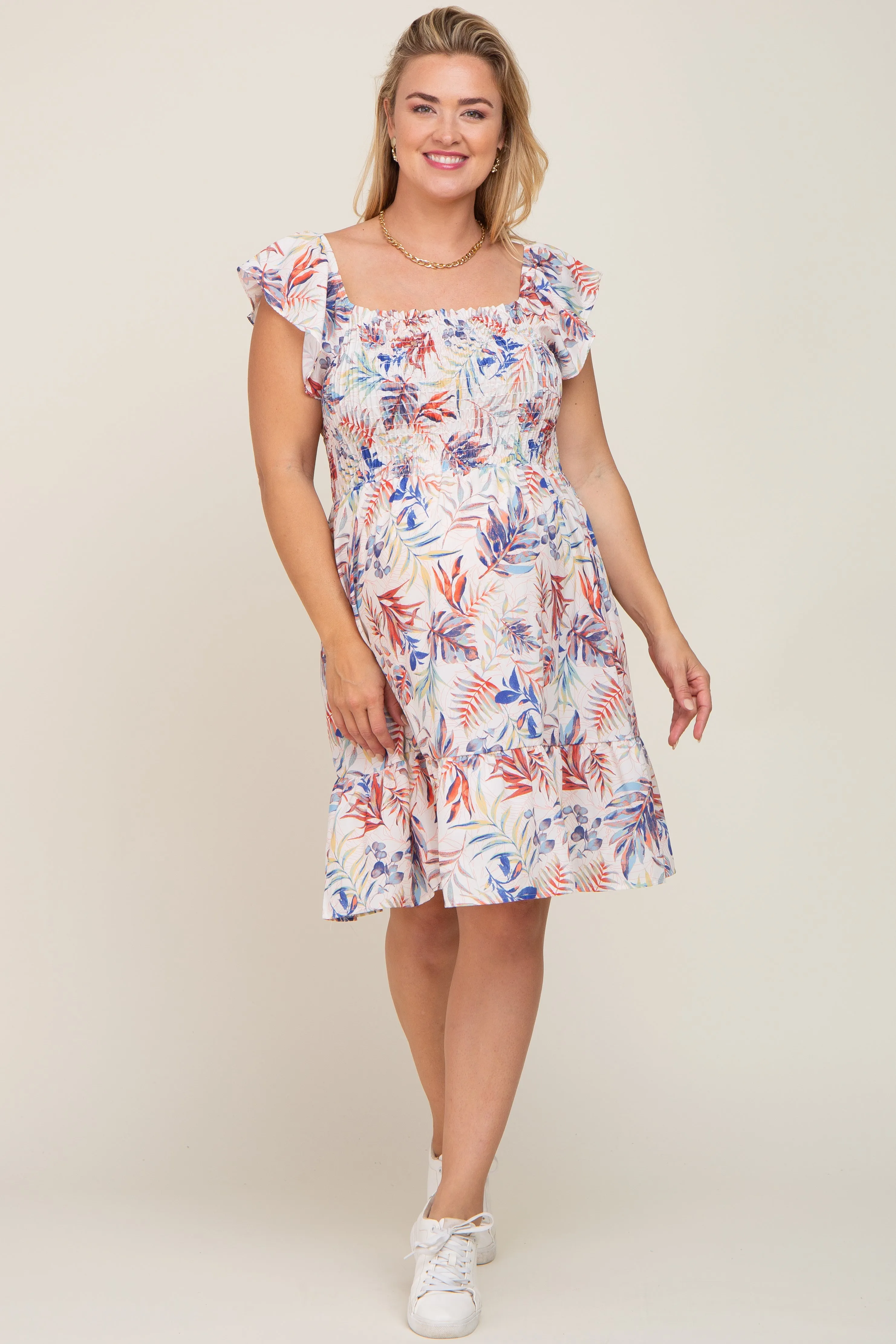 Cream Palm Print Smocked Flutter Sleeve Maternity Plus Dress sold by Pinkblush product image thumbnail 4