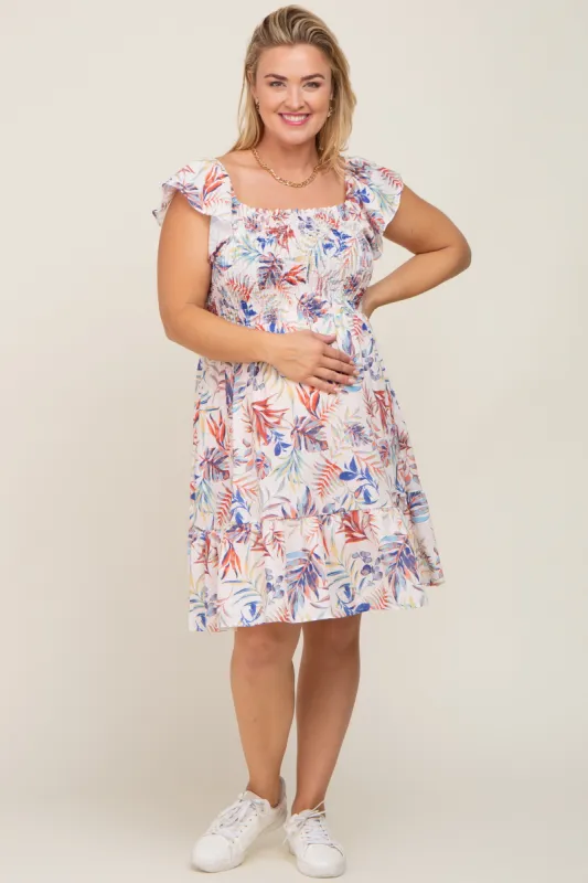 Cream Palm Print Smocked Flutter Sleeve Maternity Plus Dress sold by Pinkblush